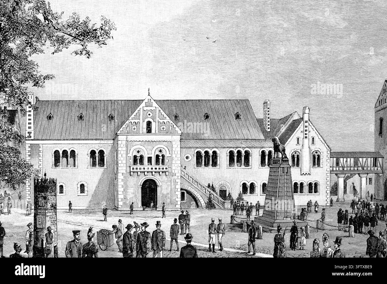 Historisches Gebäude mit Löwen-Denkmal und Menschenmenge im Vorplatz, Radierung aus dem 19. Jahrhundert. Stockfoto