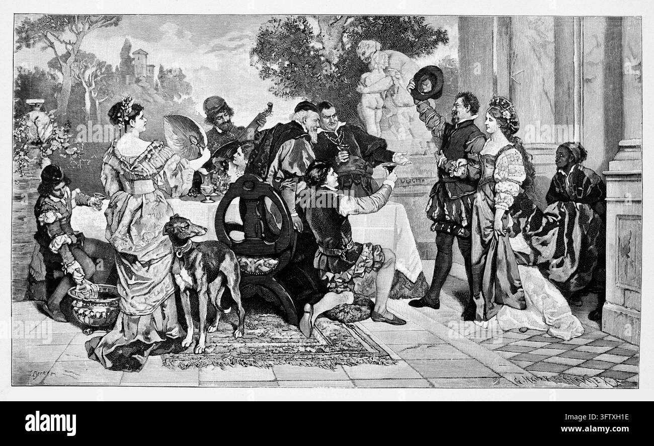 Aristokratisches Fest im Freien, Zeitgenössische Kostüme auf großer Terrasse, Gartenhintergrund, 19. Jahrhundert Stich. Stockfoto