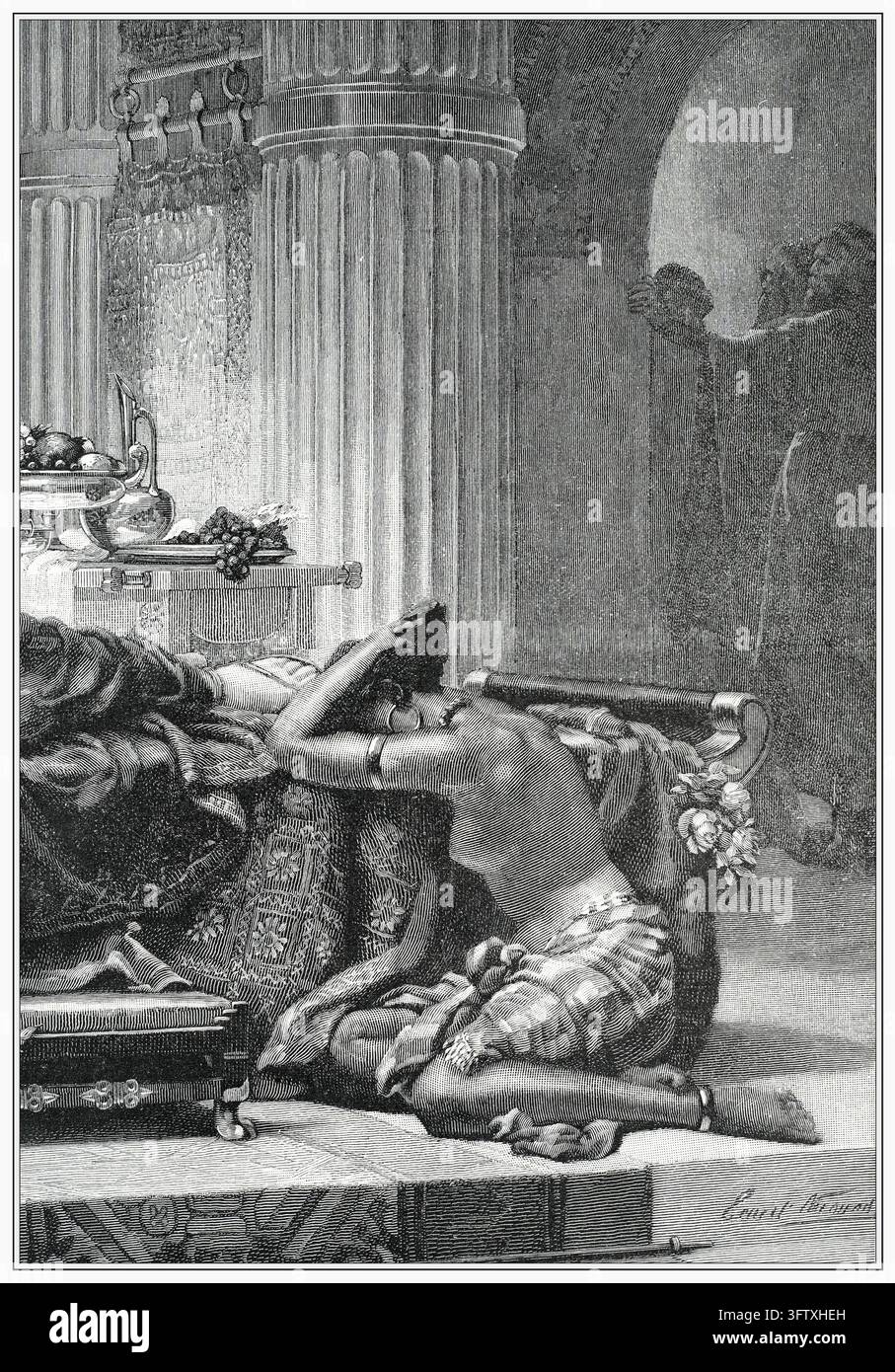 Verzweifelte Frau kniet neben dem Bett, antikes Palastinterieur, Radierung aus dem 19. Jahrhundert. Stockfoto