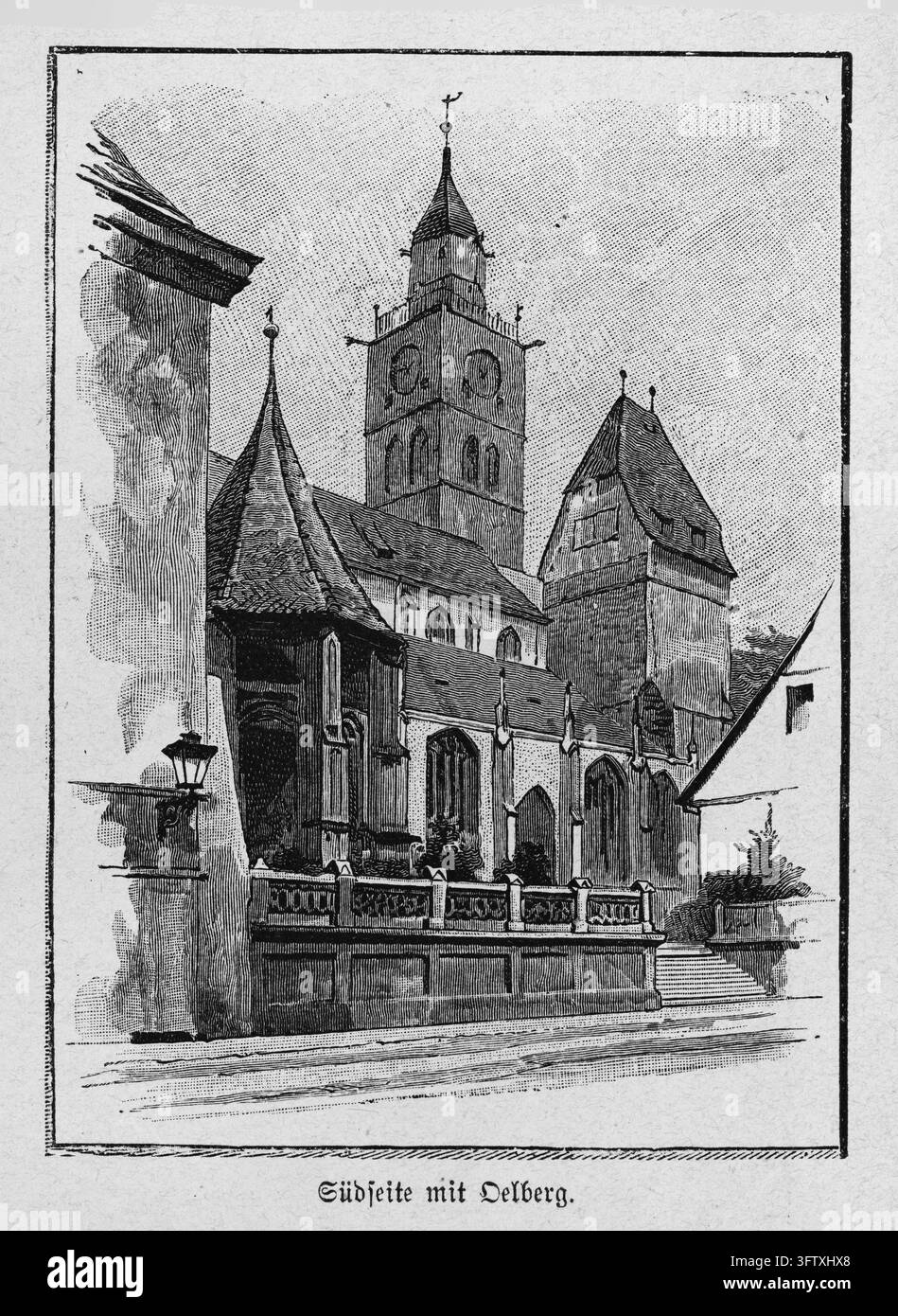 Historische Kirche South Side mit Oelberg-Kapelle, detaillierte architektonische Ansicht, 19. Jahrhundert Radierung. Stockfoto