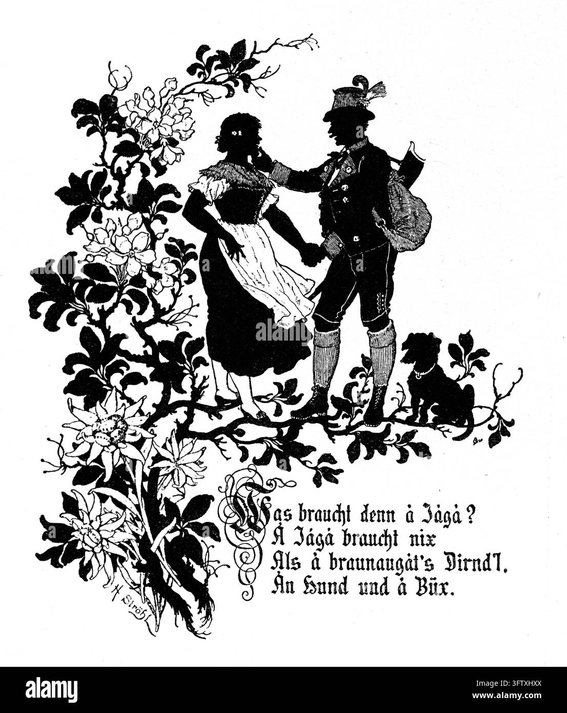 Jäger und Dirndl-Mädchen, die sich die Hände halten, mit Hund, umgeben von Edelweißblumen, Holzschnitt aus dem 19. Jahrhundert. Stockfoto