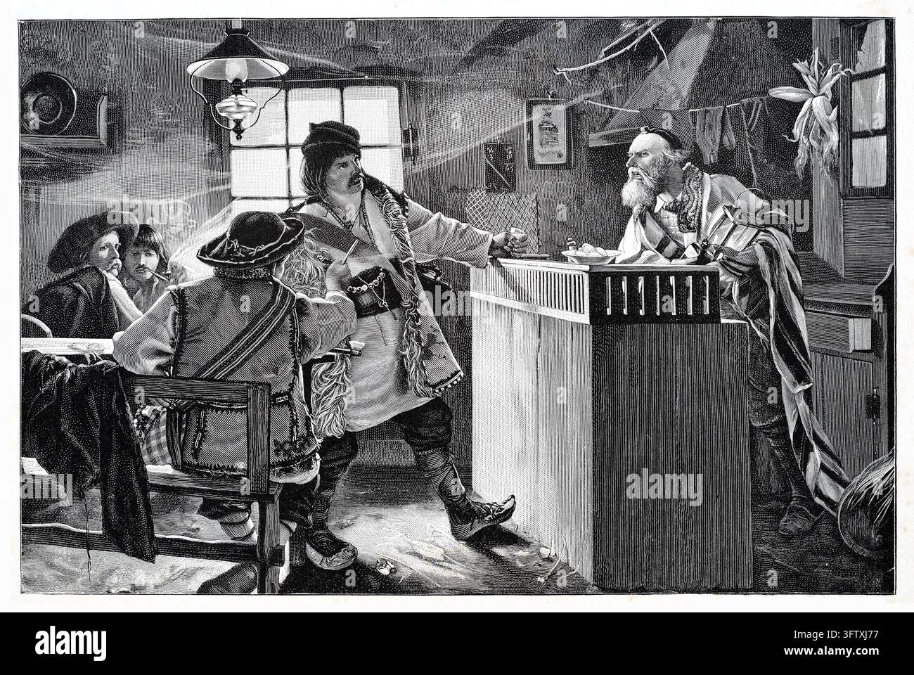 Männer in traditioneller osteuropäischer Tracht in einer rustikalen Taverne – Ein Mann führt mit dem bärtigen Wirt einen Geschäftsverkehr. Stockfoto
