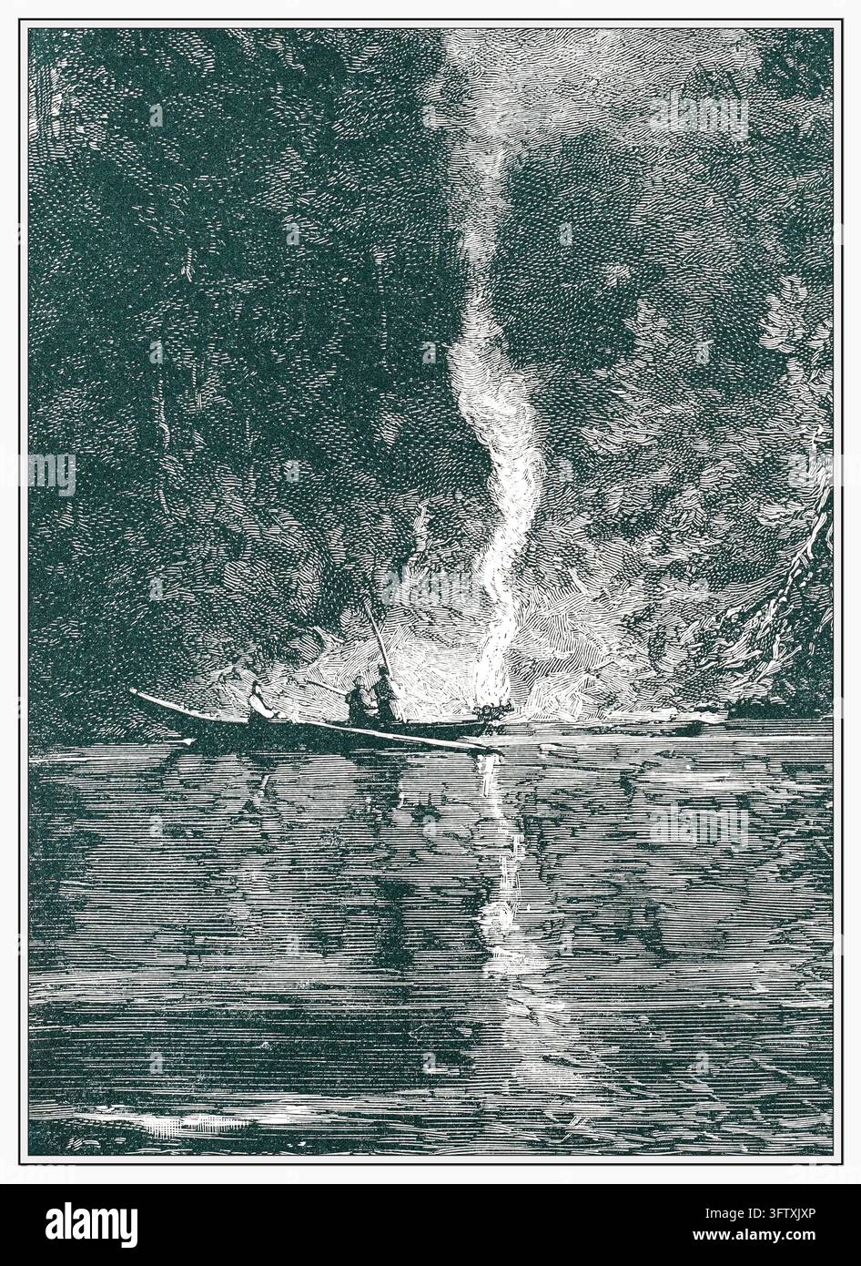 Zwei Menschen fischen im Schein des Feuers von einem kleinen Boot auf einem dunklen Waldfluss, dramatische Nachtszene, Radierung aus dem 19. Jahrhundert. Stockfoto