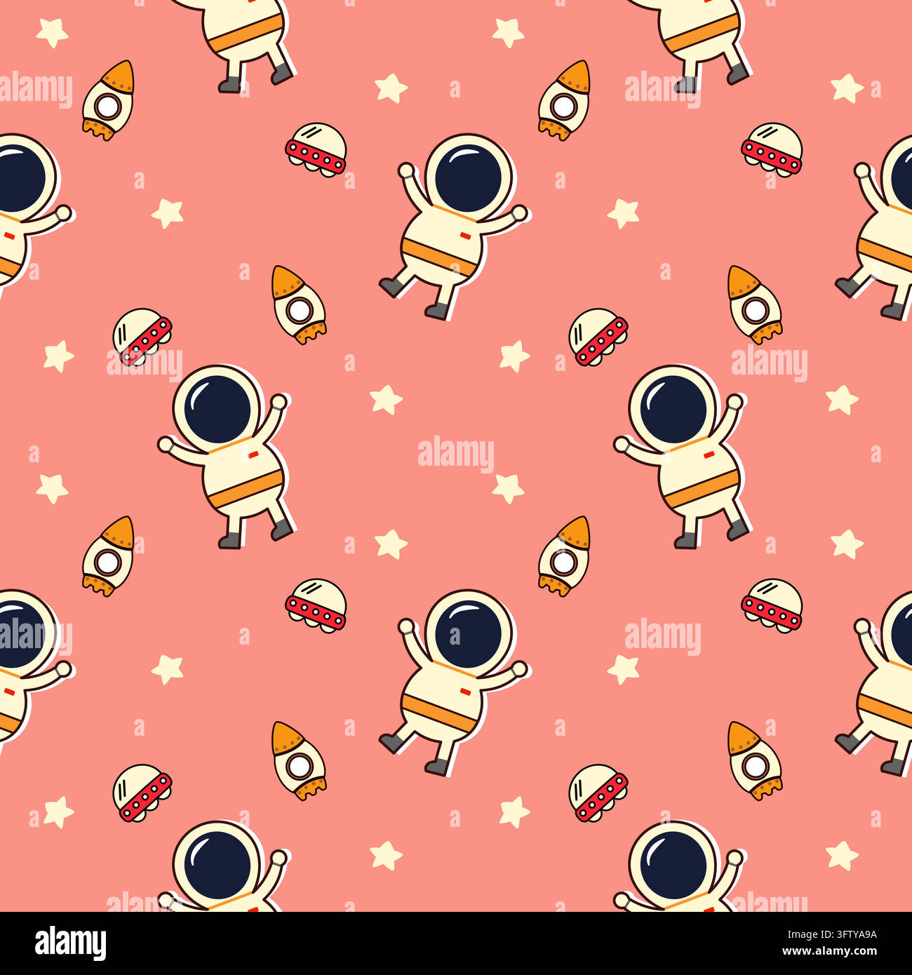 Astronauten-Cartoon so niedlich. Auf Rakete UFO Stern rosa Hintergrund. Muster nahtlose Vektorillustration. Stock Vektor
