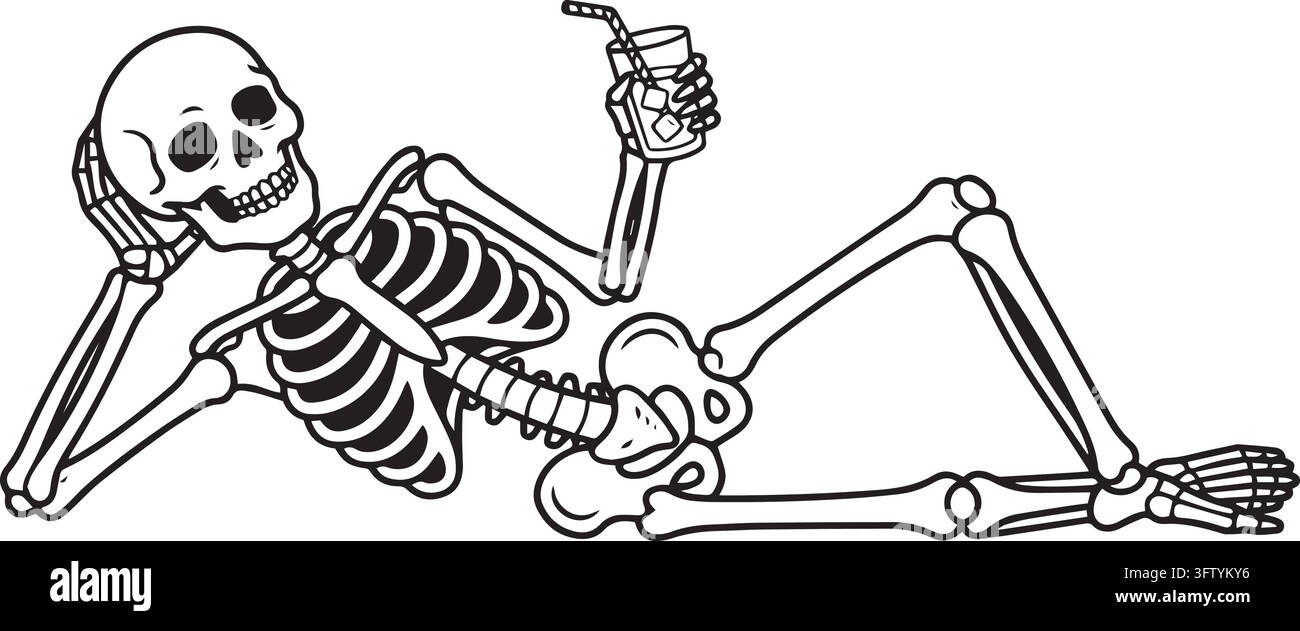 Cartoon-Skelett entspannt und trinkt ein kaltes Getränk, isoliert auf transparentem Hintergrund Stock Vektor