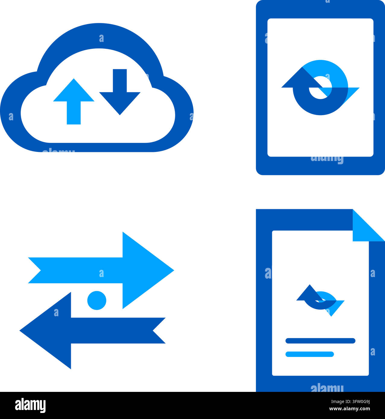 Blaues Vektor-Symbolset für Cloud-Computing, Datenübertragung und digitale Dateisynchronisierung auf weißem Hintergrund Stock Vektor