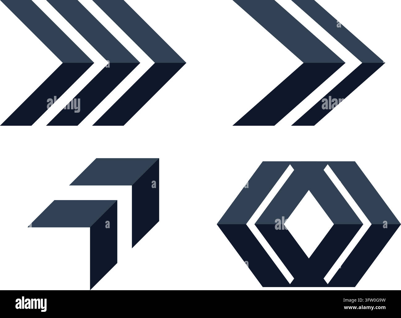 Satz von dunkelblauen 3D-geometrischen Pfeiksymbolen und Chevron-Symbolen isoliert auf weißem Hintergrund Stock Vektor