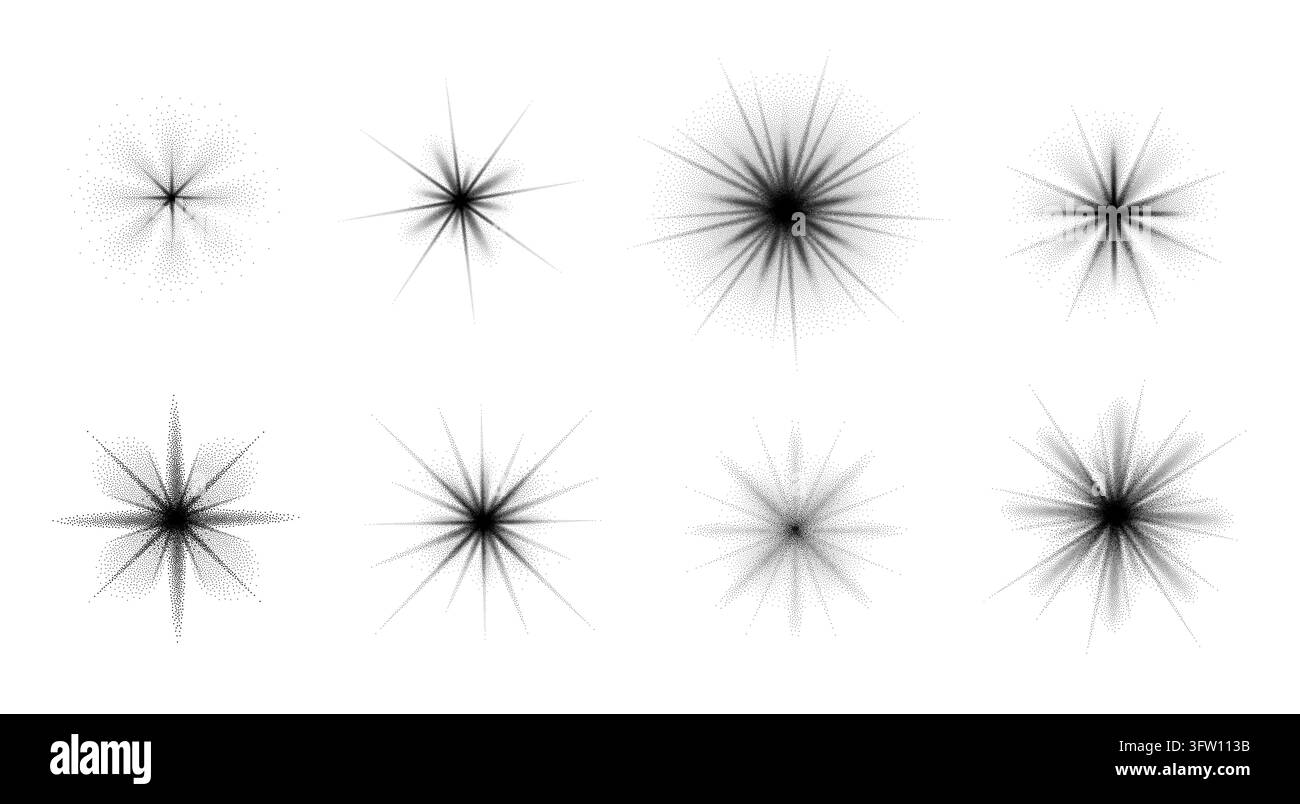 Gestreifte Sternburst-Elemente mit gepunkteten radialen Glitzereffekten, körnige Halbtone-Ausbrüche und abstrakte schwarze Partikelsplitter, monochromatische Sprühsterne für himmlische Akzente, Gloweffekte. Vektor-Isoliertes Set. Stock Vektor
