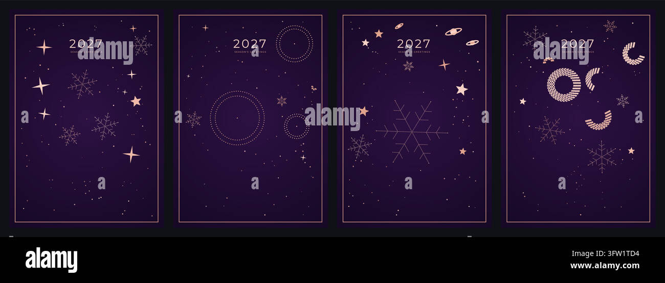 2027 Neujahrs-Vektor-Illustrationsset mit lila Wintergrußkarten mit leuchtenden Sternen, Schneeflocken und abstrakten geometrischen Formen Stock Vektor
