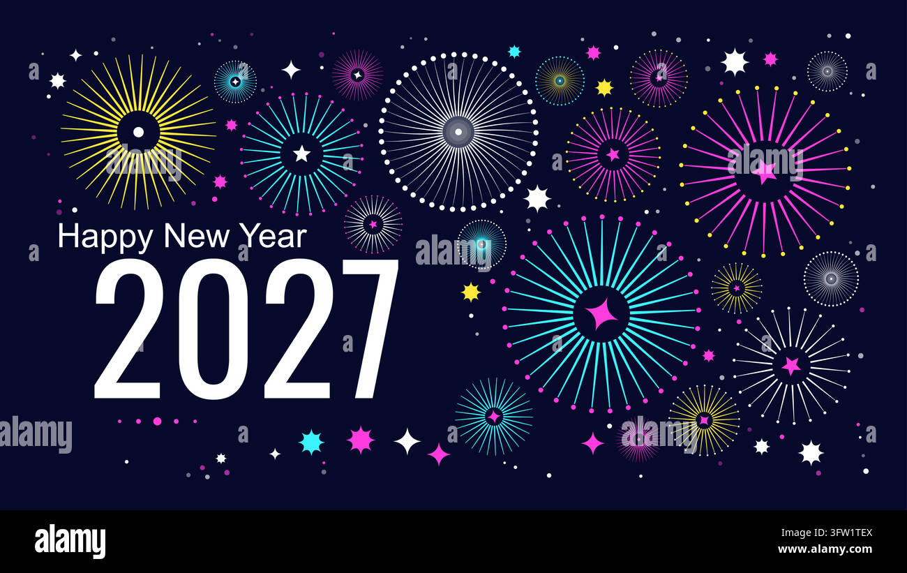 Neujahrsgrußkarte 2027 mit bunten Feuerwerken und funkelnden Sternen auf dunkelblauem Hintergrund zur Feiertagsfeier Stock Vektor