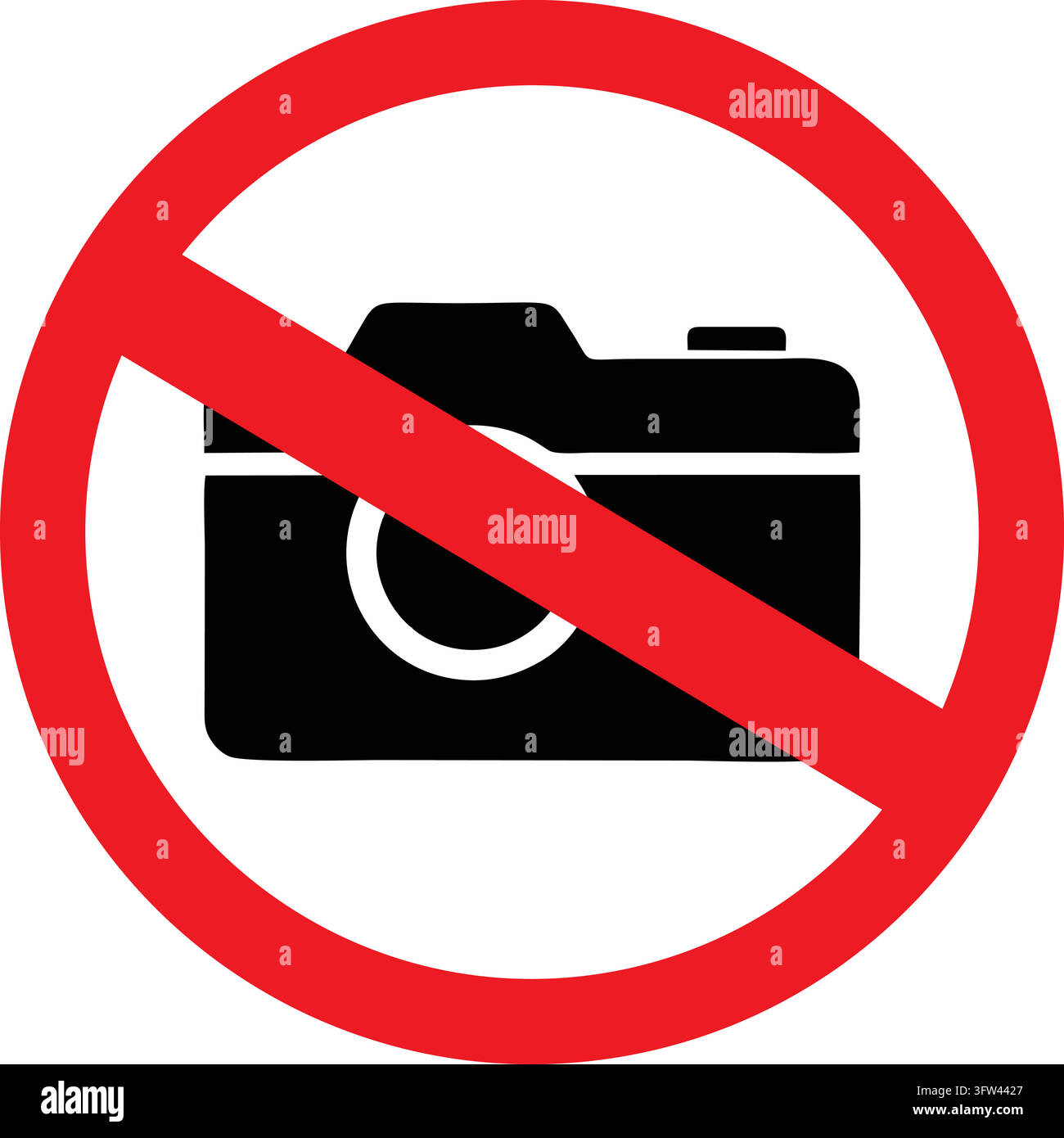 Ein schwarzes Kamera-Symbol in einem roten Kreis mit einer diagonalen Linie zeigt an, dass Fotografieren nicht erlaubt ist. Stock Vektor