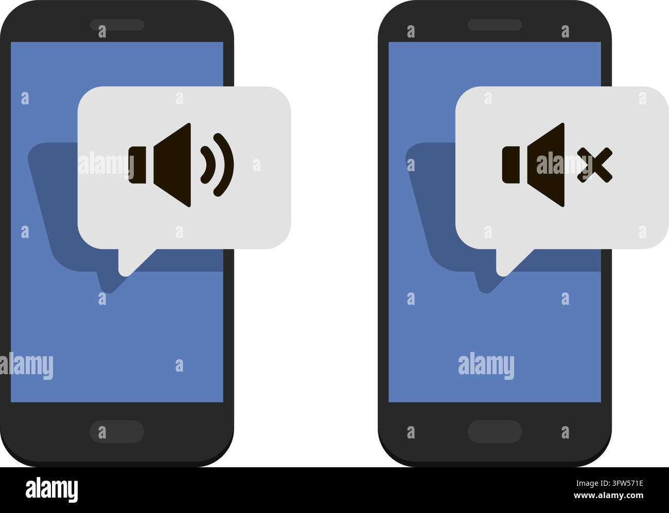 zwei Mobiltelefone, die Sprechblasen mit Lautsprechersymbolen anzeigen, um aktive Ton- und stummgeschaltete Benachrichtigungsmodi anzuzeigen. Stock Vektor