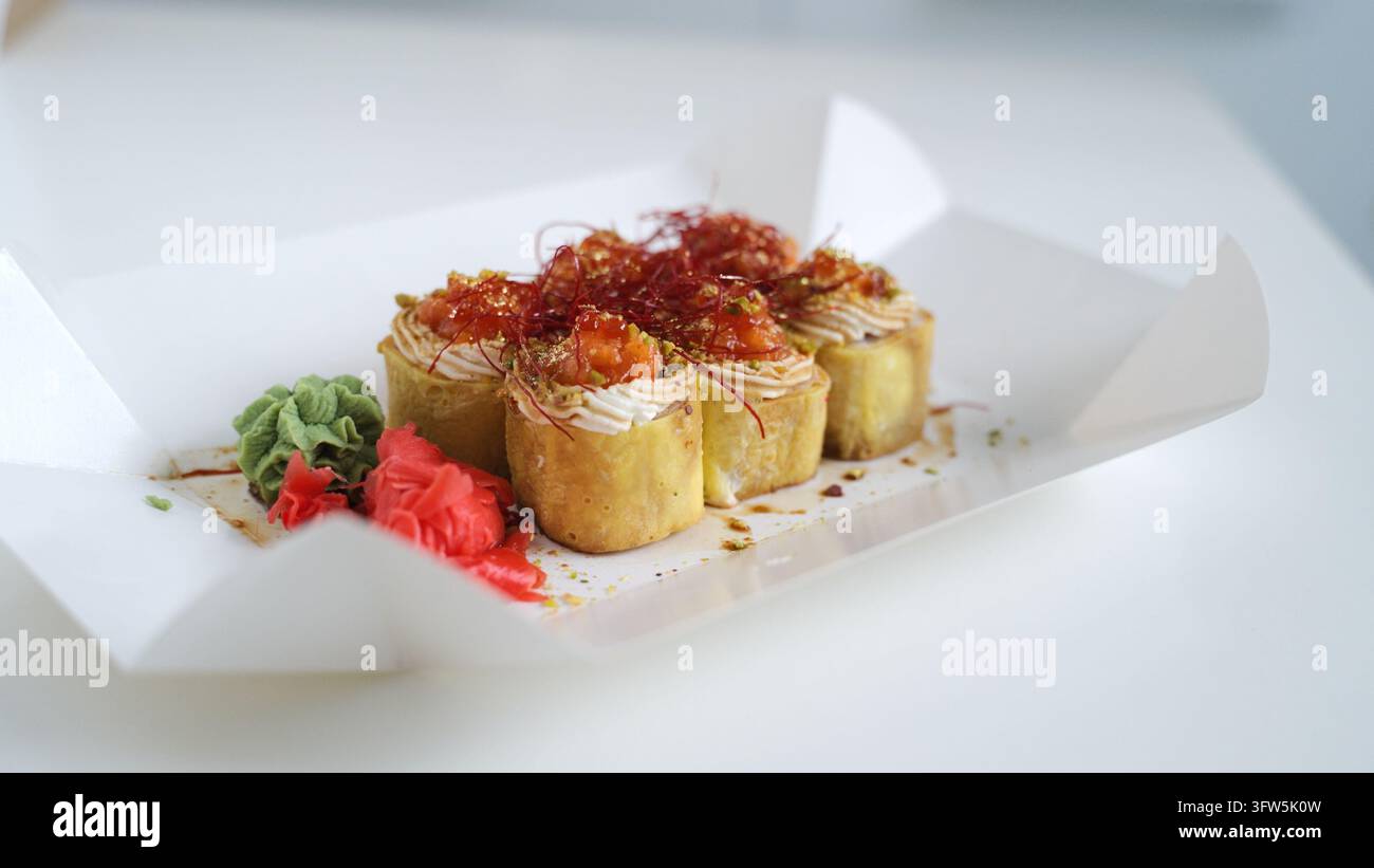 Frisch zubereitete Gourmet-Sushi-Rollen mit Lachs- und Frischkäsefüllung, belegt mit Chiliflocken, serviert in einer Takeout-Box Stockfoto