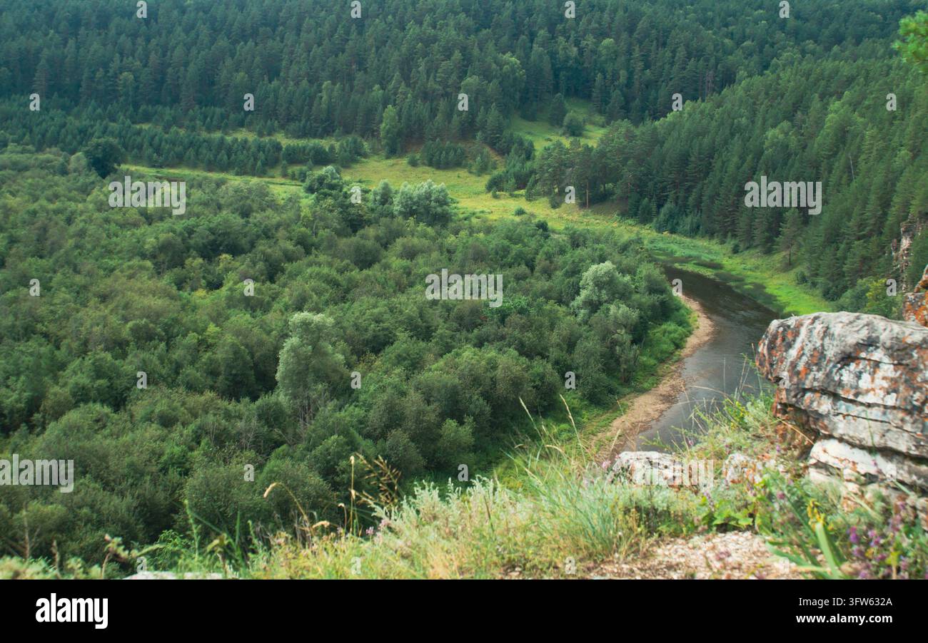 Ein erhöhter Blick auf einen weitläufigen grünen Wald, der die Hänge bedeckt. In der unteren rechten Ecke ist eine Biegung des Flusses mit einem sandigen Ufer zu sehen. Im Vordergrund, Stockfoto