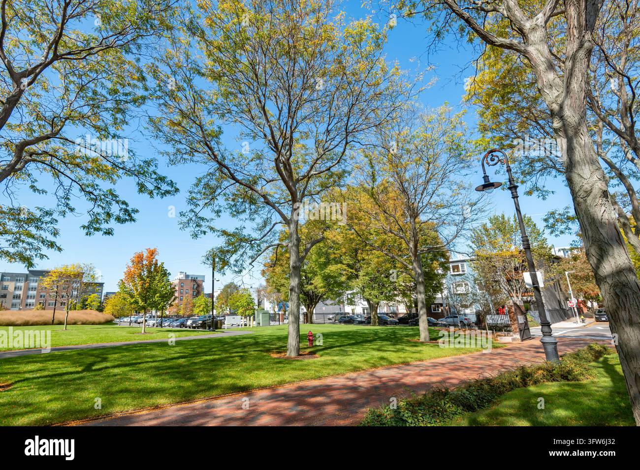 Piers Park in East Boston, Massachusetts, Vereinigte Staaten, mit alten Bäumen, grünen Rasenflächen, einem Ziegelsteinweg und einer dekorativen Straßenlaterne. Stockfoto