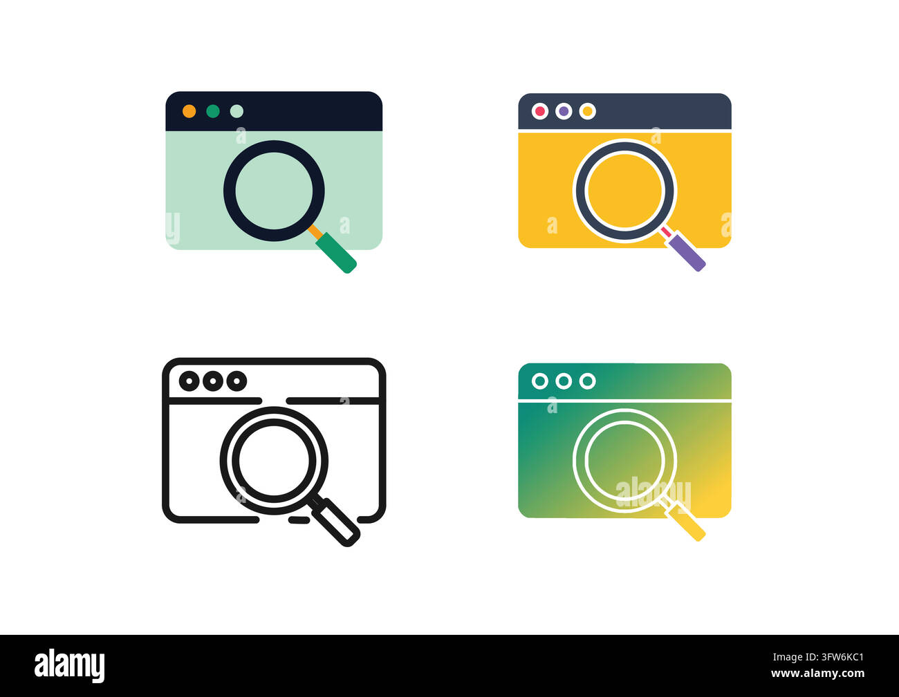 Diese Vektorsymbolsammlung zeigt eine Lupe über einem Webbrowser-Fenster in vier verschiedenen Design-Themen. Mit flachen, farbigen, Linienar Stock Vektor