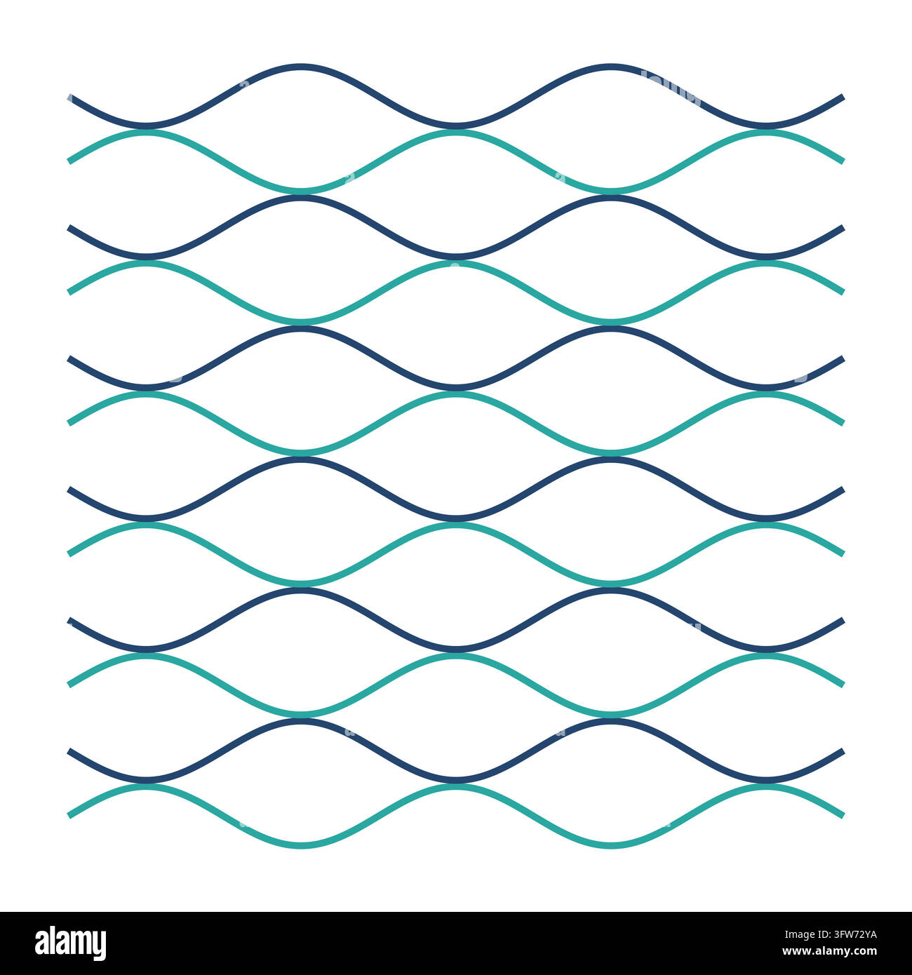 Zwölf parallele horizontale wellige Linien in Türkis und Marineblau, ein Duoton-Linienfluss-Hintergrundmuster. Stock Vektor