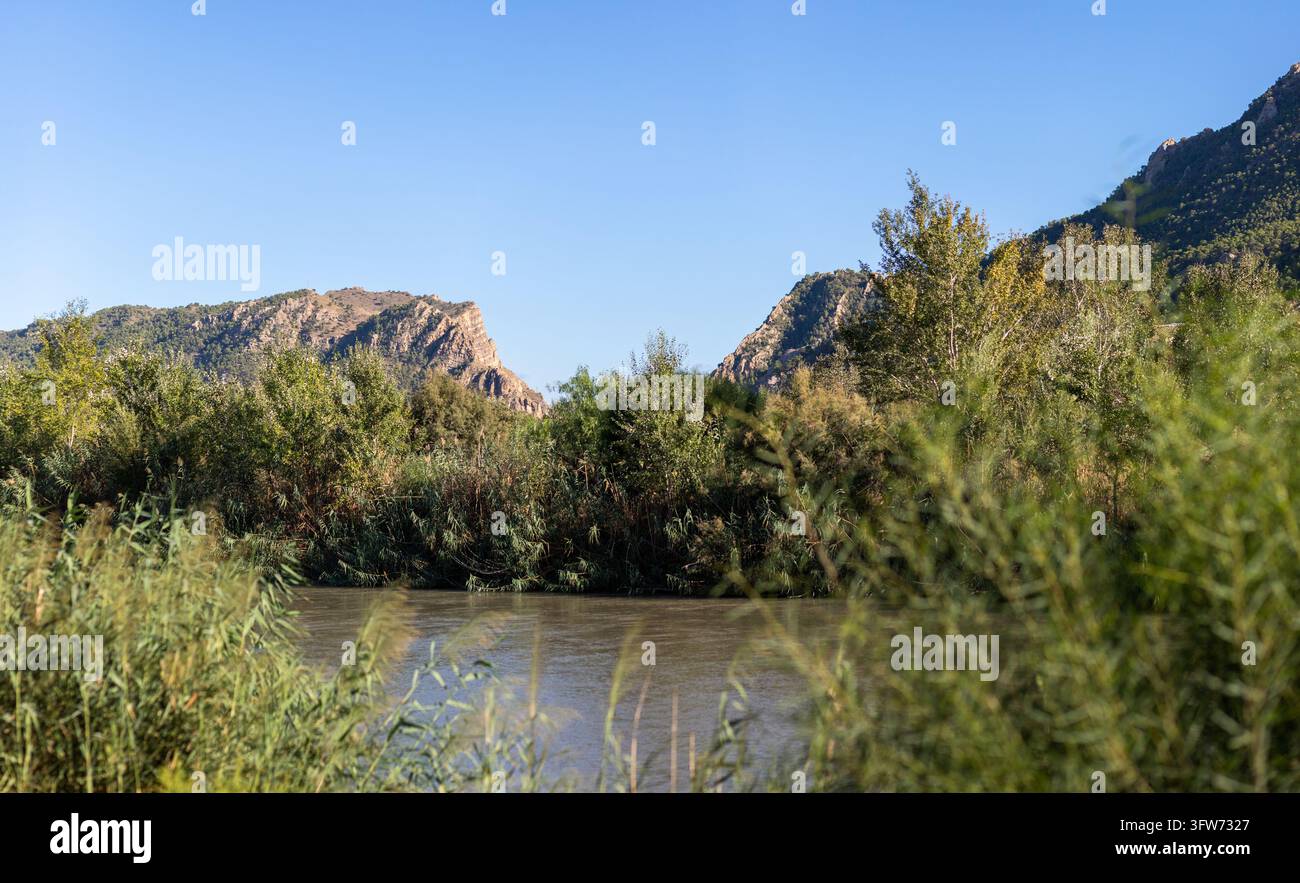 Río Segura durch Blanca mit Bergen nahe Azud de Ojós, Region Murcia Stockfoto