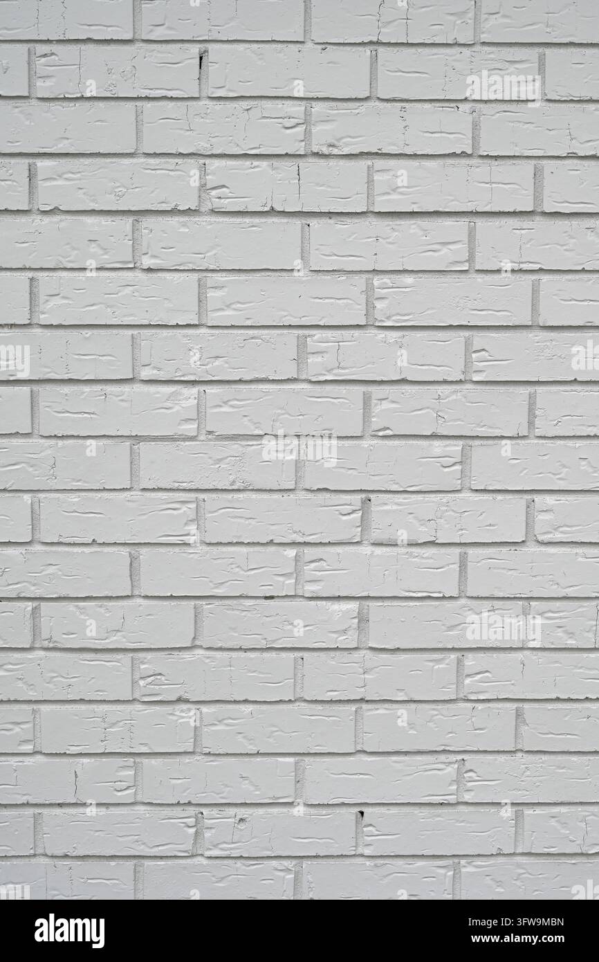 Weiß gestrichene Ziegelwand mit glatten Flächen, unterbrochen von zufälligen Rillen und Rissen, abgebrochenen unebenen Kanten und porösen vertieften Mörtelverbindungen Stockfoto