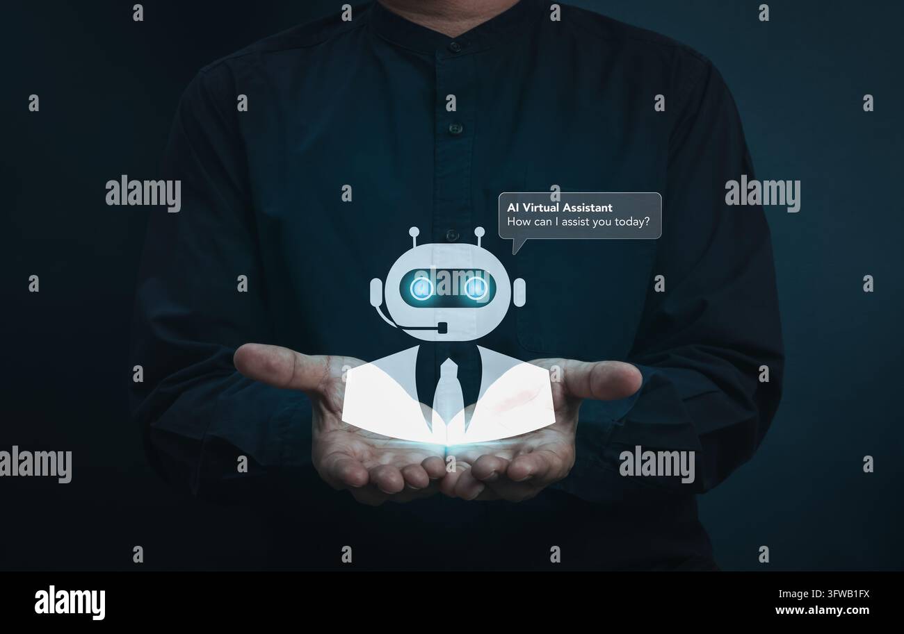 Geschäftsprofi präsentiert einen KI-Virtuellen Assistenten für automatisierten Kundenservice, digitale Kommunikation und Unternehmensdienstleistungen. Chatbot-Technologie Stockfoto