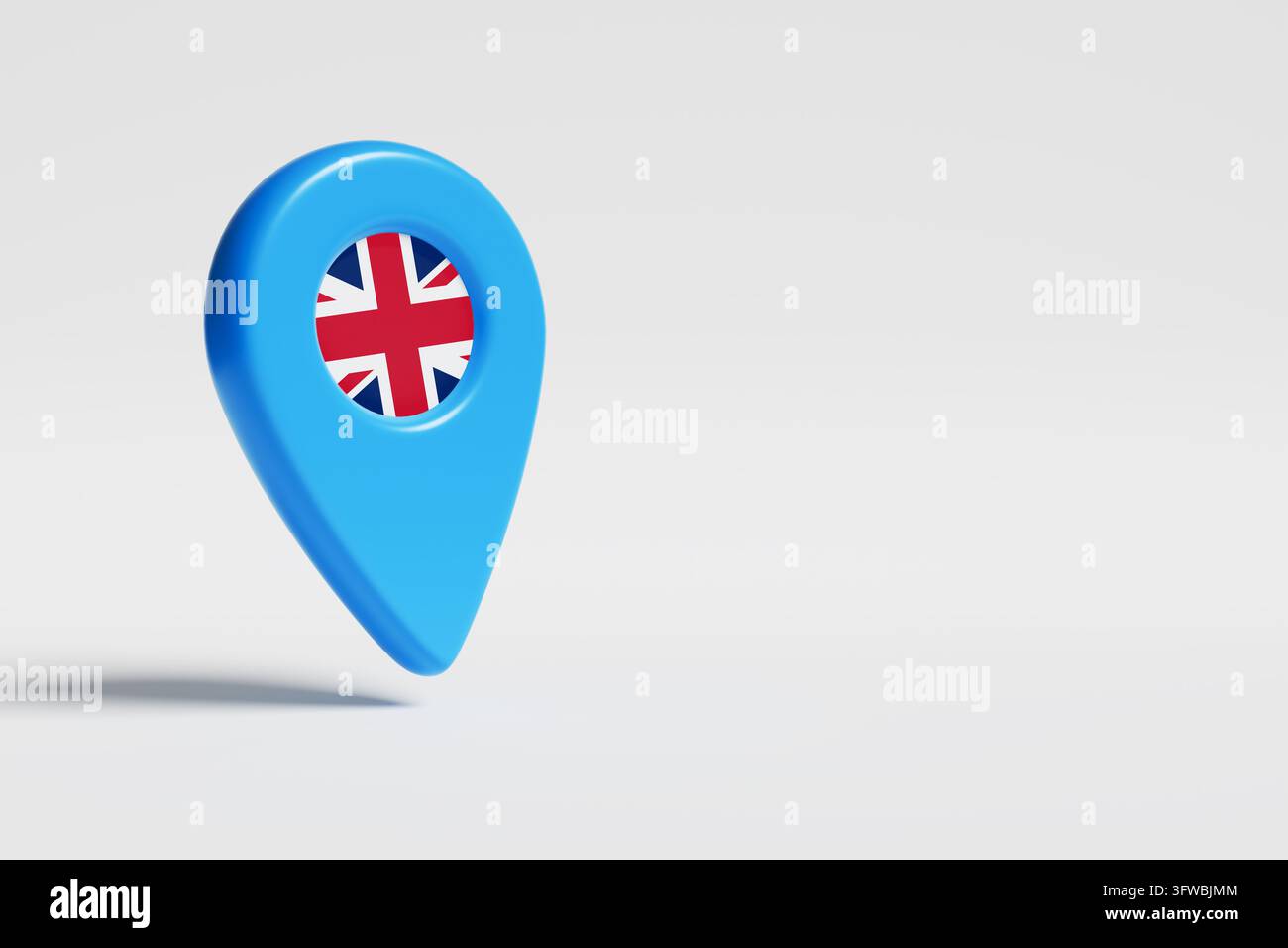Vereinigtes Königreich-Flagge in einem blauen Kartenzeiger, der einen bestimmten Reisezielort oder geografischen Standort markiert, globale Navigation und Tourismus Stockfoto