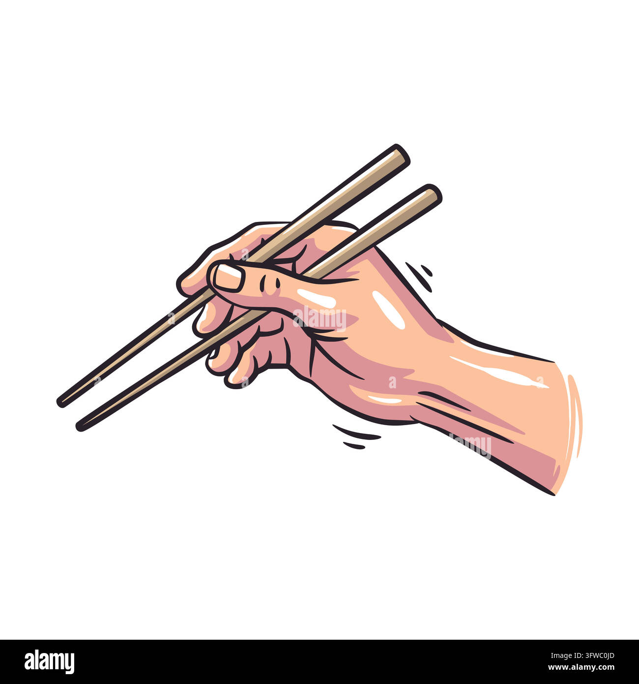 Eine lebhafte Illustration im Comic-Stil, die eine menschliche Hand zeigt, die ein Paar Holz-Chopsticks korrekt hält. Mit kräftigen schwarzen Konturen gestaltet, satten warmen Farben Stock Vektor