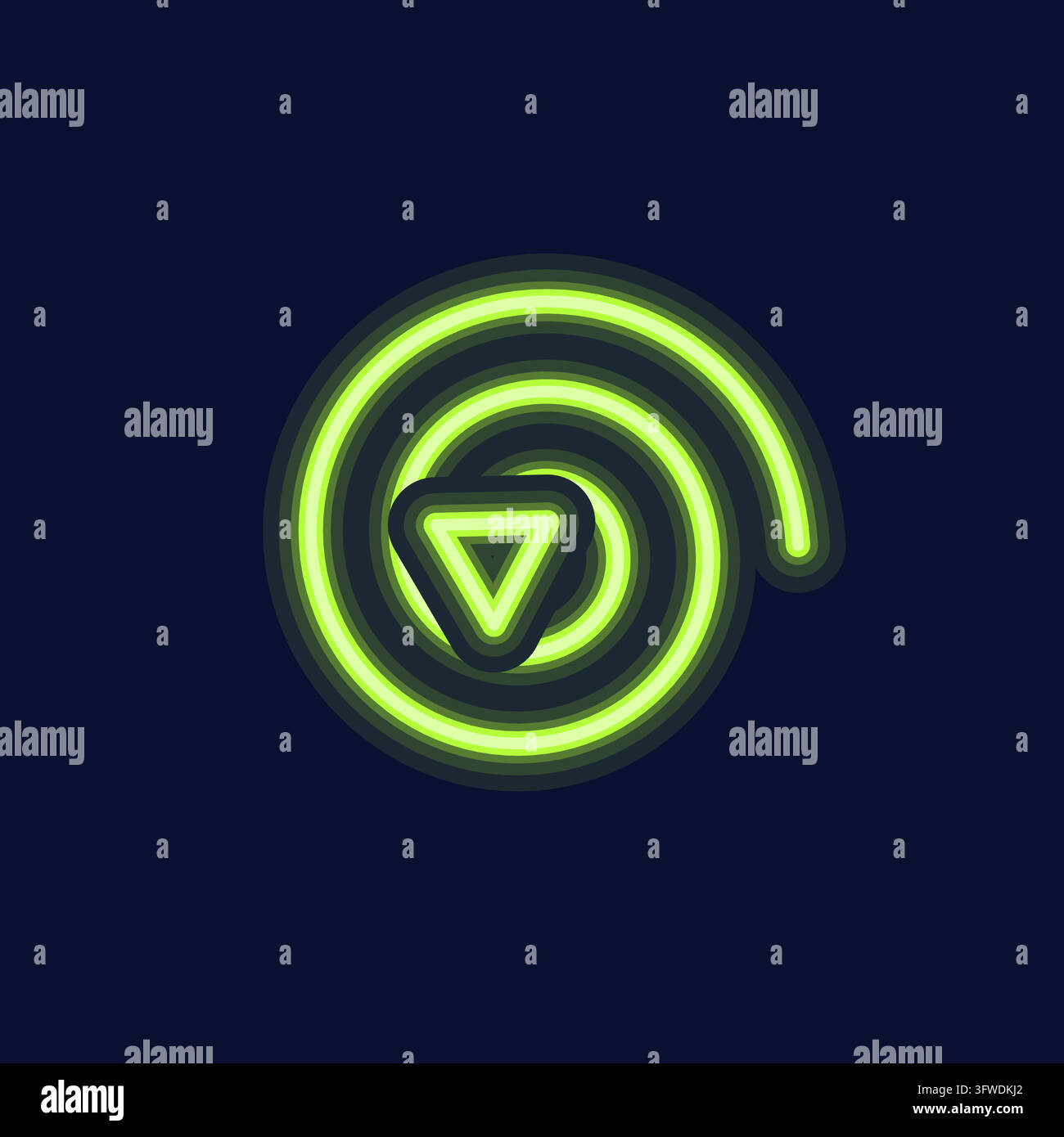 Lime-neon-Spiral Pfeil, der sich nach innen windet zu einem leuchtenden Kopf auf dunklem Marinehintergrund Stock Vektor