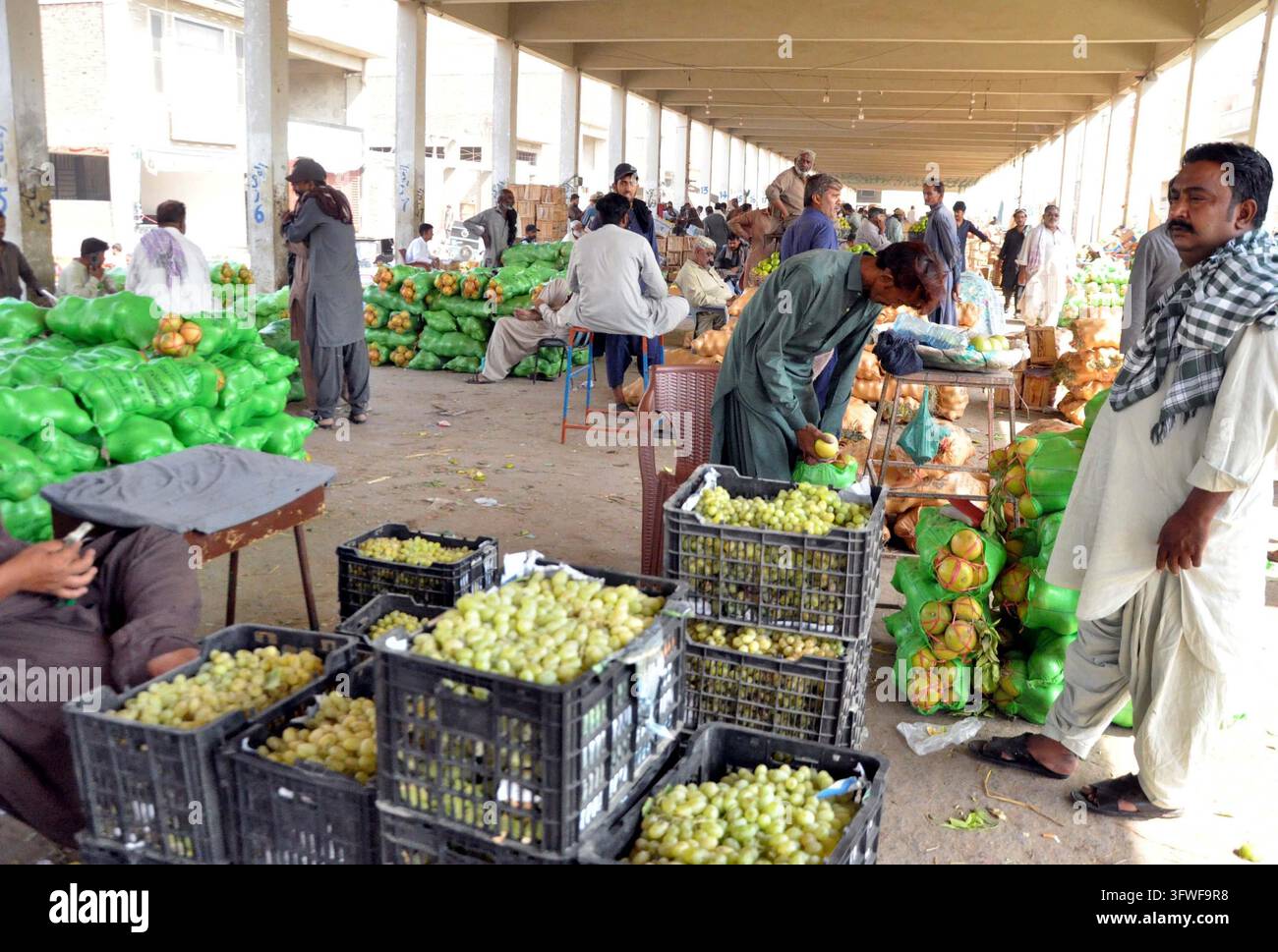 HYDERABAD, PAKISTAN - 19-Oct-2026: Händler am Neuen Obst- und Gemüsemarkt in Hyderabad verzeichneten am Montag eine gestiegene Nachfrage nach Obst und Gemüse, obwohl Kunden aufgrund eines Preisanstiegs zögerten, etwas zu kaufen. Der geschäftige Markt, der sich durch große Mengen an Erzeugnissen auszeichnet, unterstreicht die breiteren wirtschaftlichen Herausforderungen, mit denen Verbraucher angesichts inflationärer Drücke konfrontiert sind. Die Szene ist geprägt von fleißiger Aktivität, wobei Händler sich bemühen, die Nachfrage zu decken und gleichzeitig Preisschwierigkeiten zu meistern. Diese Entwicklung unterstreicht die anhaltenden Auswirkungen der wirtschaftlichen Bedingungen auf tägliche Grundbedürfnisse in Pakistan Stockfoto