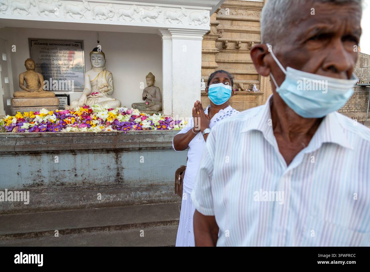 Älterer Mann und Frau beten im Isurumuniya-Tempel, Nord-Zentralprovinz, Anuradhapura, Sri Lanka Stockfoto