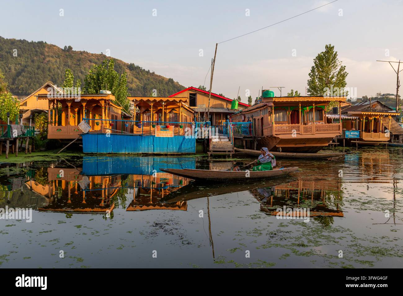 Boot passiert geschnitzte Holzhausboote auf dem Dal-See, Jammu und Kashmir, Srinagar, Indien Stockfoto