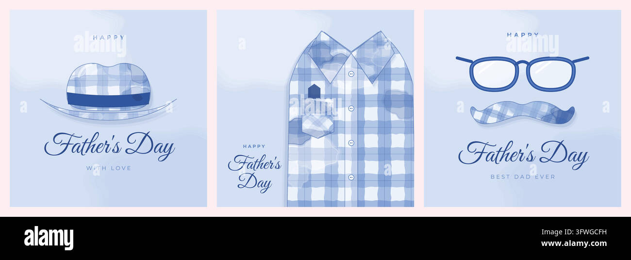 Sammlung von blauen Aquarell-Stil Happy Father's Day-Grußkarten mit Hemden, Hüten, Brillen und Schnurrbärten auf einem hellen Hintergrund. Stock Vektor