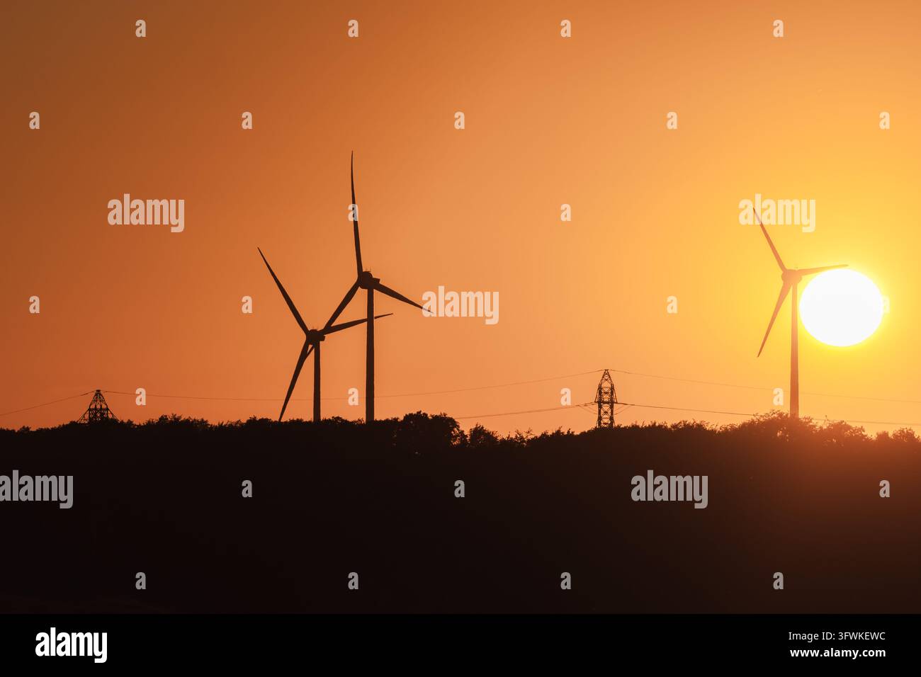 Windräder und Strommasten bilden Silhouetten vor einem leuchtend orangefarbenen Sonnenuntergang. Stockfoto