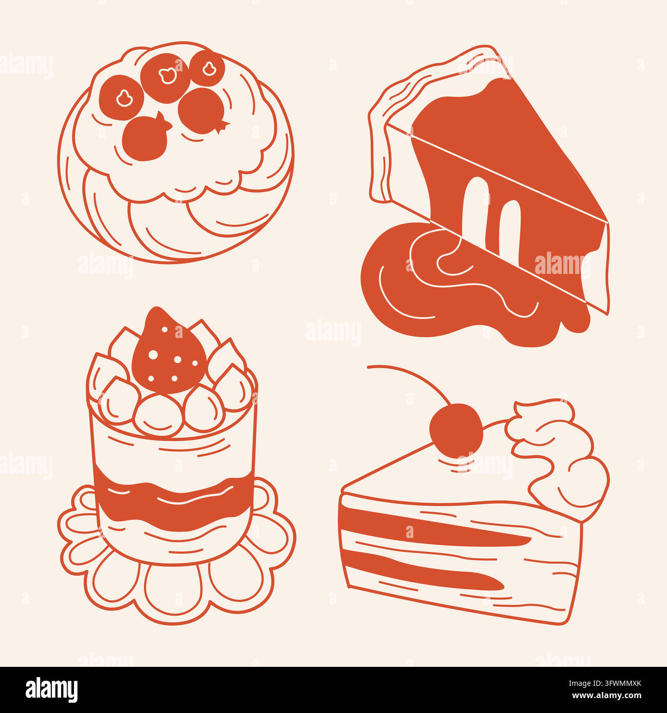 Verschiedene Gebäck, Kuchen, süße Brötchen und Dessertillustrationen-Set, Scheibe Käsekuchen mit Beeren-Sauce, Stück Kuchen mit Sahne und dänisches Gebäck Stock Vektor