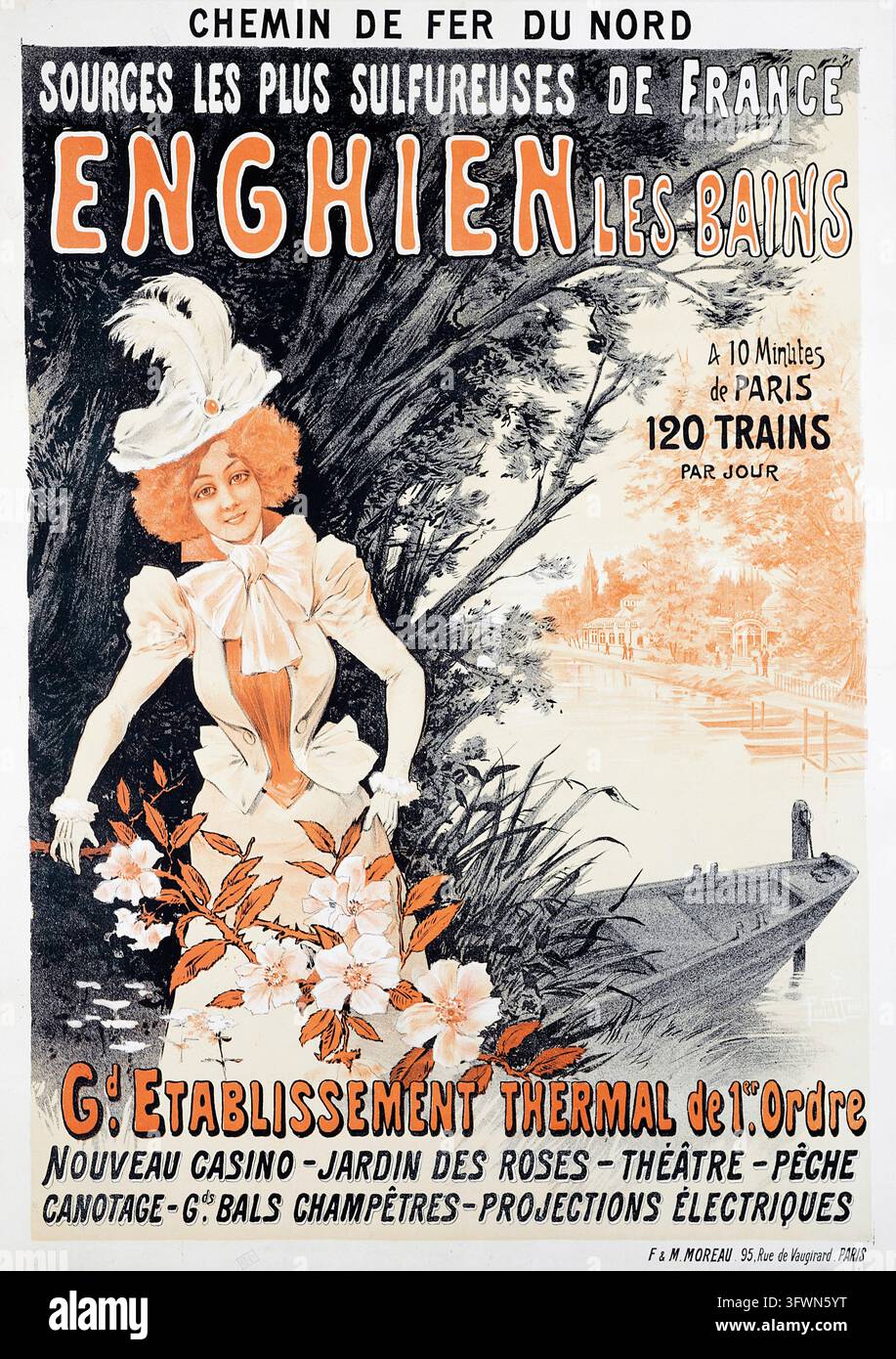 Ein französisches Reiseposter aus etwa 1895, das das Kurort Enghien-les-Bains bewirbt, das von der Chemin de Fer du Nord Eisenbahn bedient wird. Stockfoto