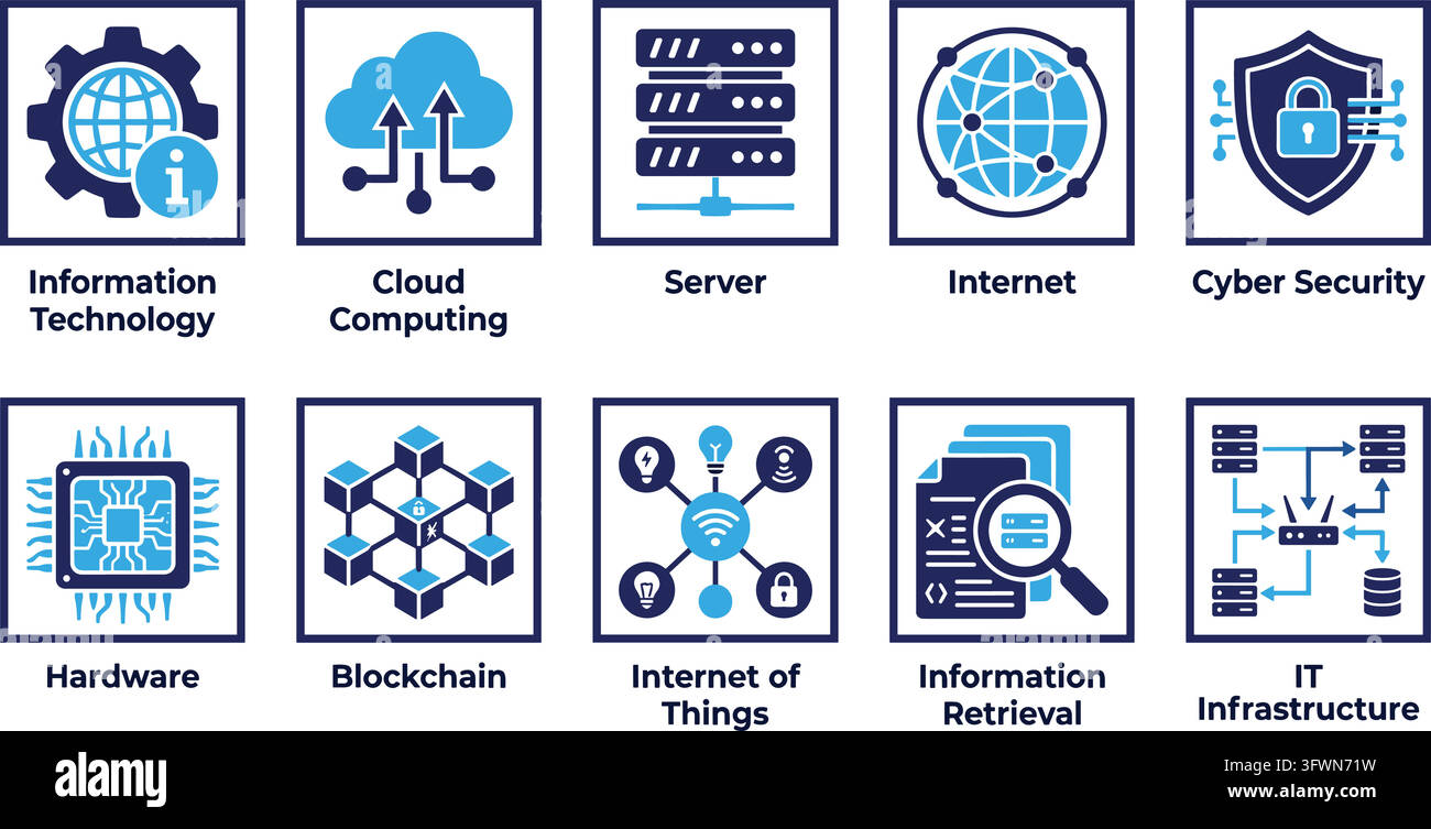 Informationstechnologie- und Cloud-Computing-Symbole blaues Set für digitale Infrastruktur. Stock Vektor