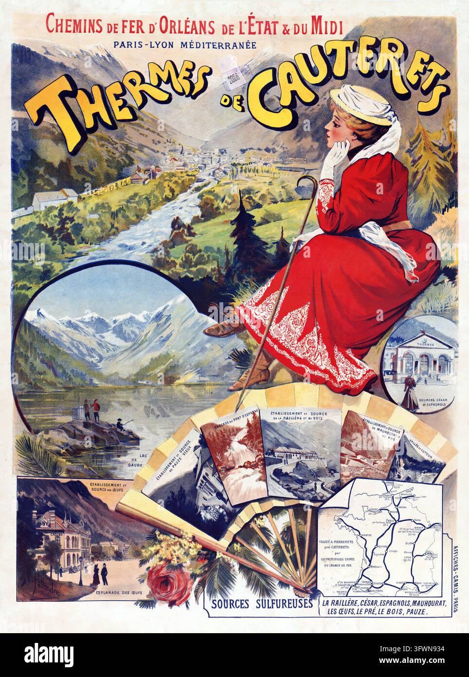 Ein französisches Eisenbahnreiseplakat aus etwa 1900, das das Thermalbad Cauterets in den Pyrenäen bewirbt, entworfen vom Künstler M. Pallandre für Chemins Stockfoto