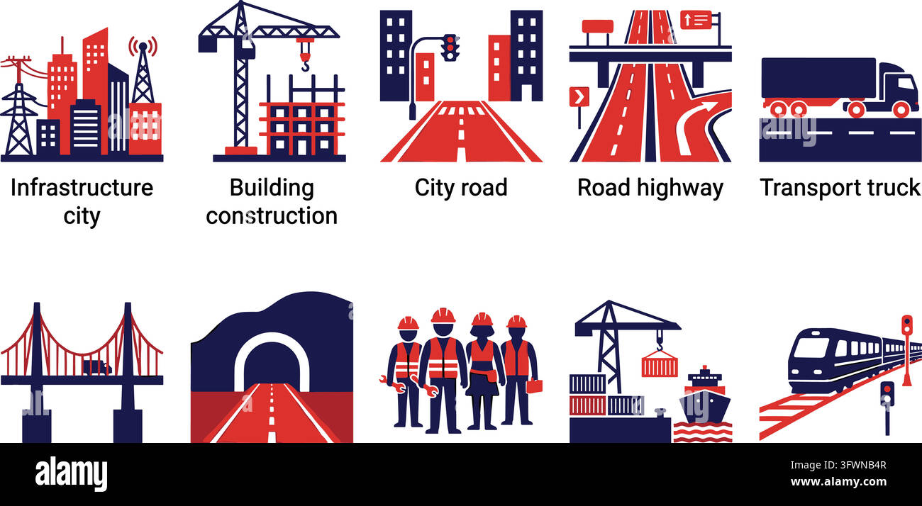 Symbole für die Entwicklung der städtischen Infrastruktur in Blau und Rot, Satz zivile Ingenieurprojekte. Stock Vektor