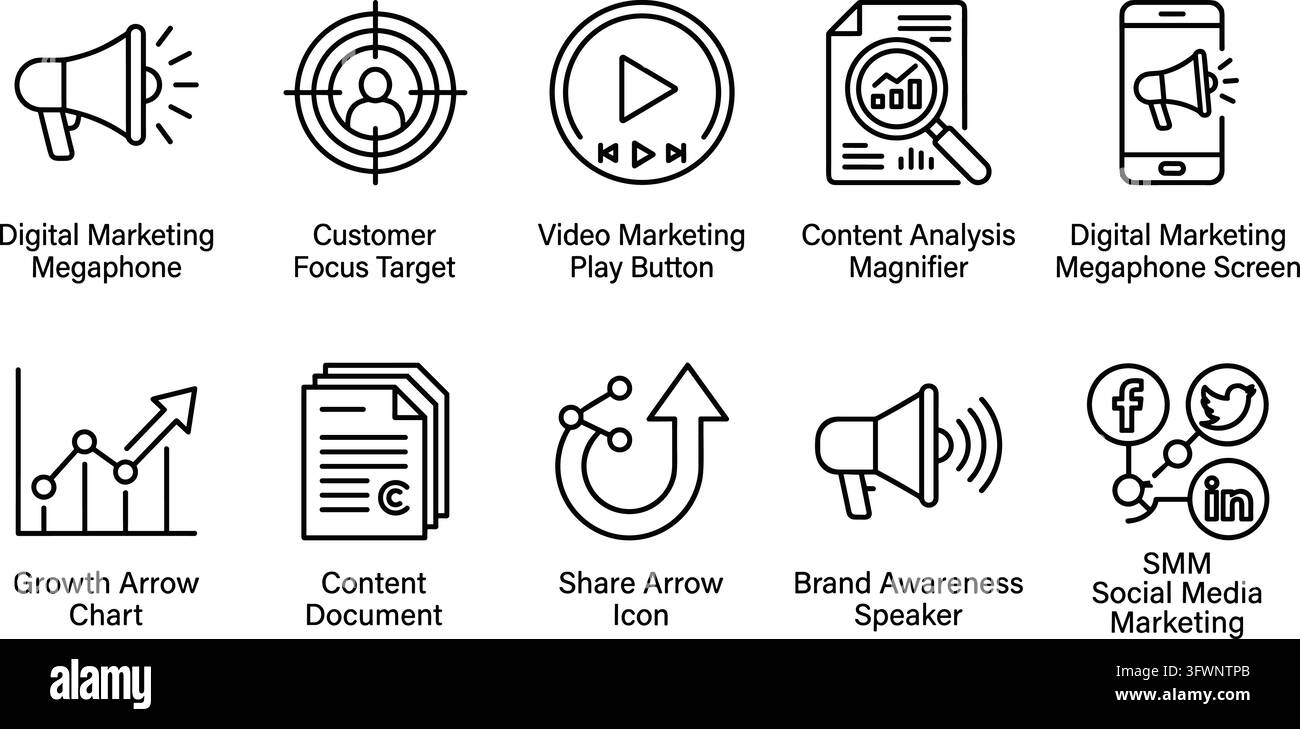 Digitale Marketing-Linien-Ikonen-Set für Social-Media-Strategie-Inhaltsanalyse und Promotionskampagne. Stock Vektor