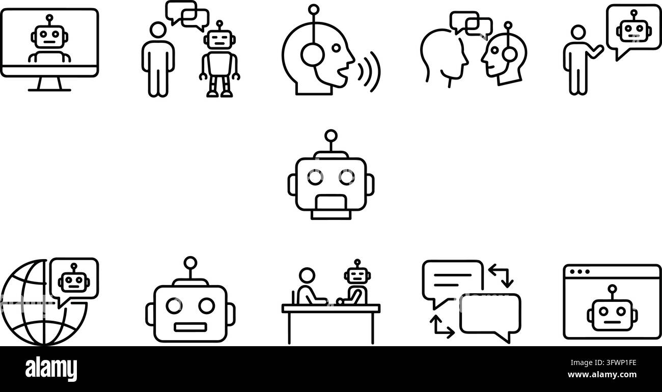 Roboter-Chatbot-Interaktions-Symbol-Set mit Linienkunst-Elementen für menschliche und KI-Kommunikationssysteme. Stock Vektor