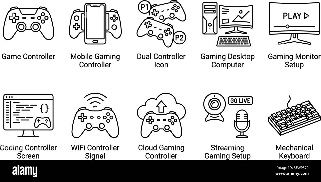 Gaming-Hardware-Symbol-Set schwarze Linien-Vektorgrafiken für digitale Unterhaltung und E-Sport-Nutzung. Stock Vektor