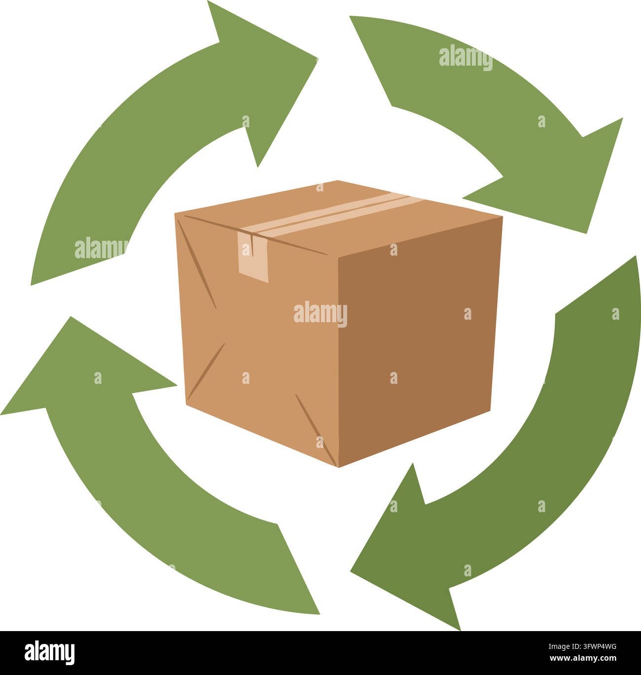 Brauner Karton mit grünen Recycling-Pfeilen, die nachhaltige Verpackung und Logistik darstellen. Stock Vektor