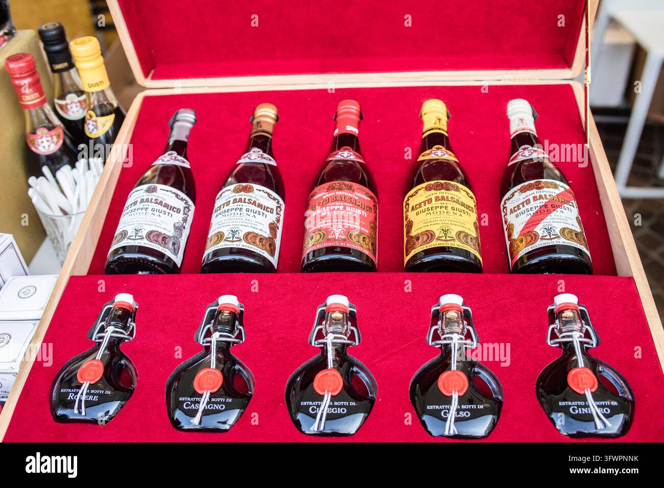 Eine elegante Sammlung von gereiftem Balsamico-Essig aus Modena IGP und holzinfundierten Extrakten aus Italien Stockfoto