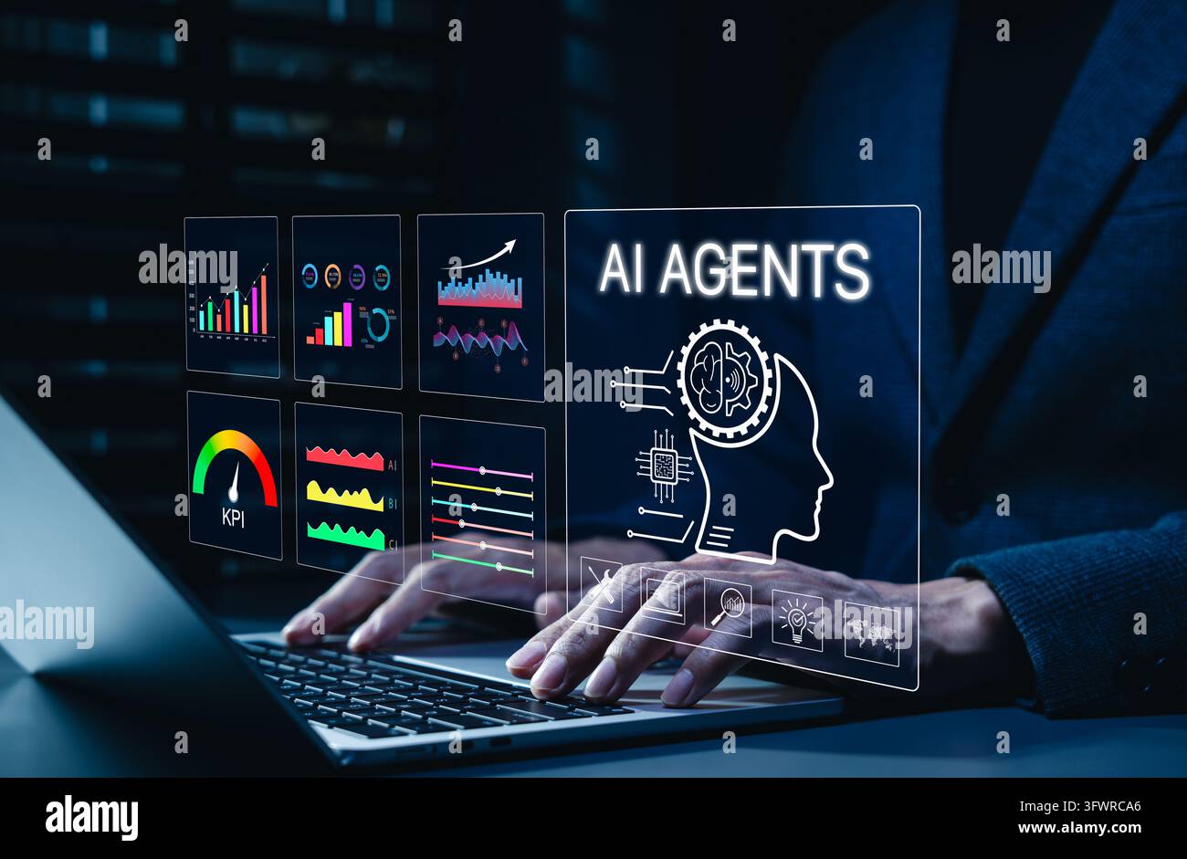 AI-Agent-Konzept. Die Person interagiert mit KI-Agententechnologie, Analysediagrammen und Performance-KPIs und symbolisiert künstliche Intelligenz in der Business Innov Stockfoto
