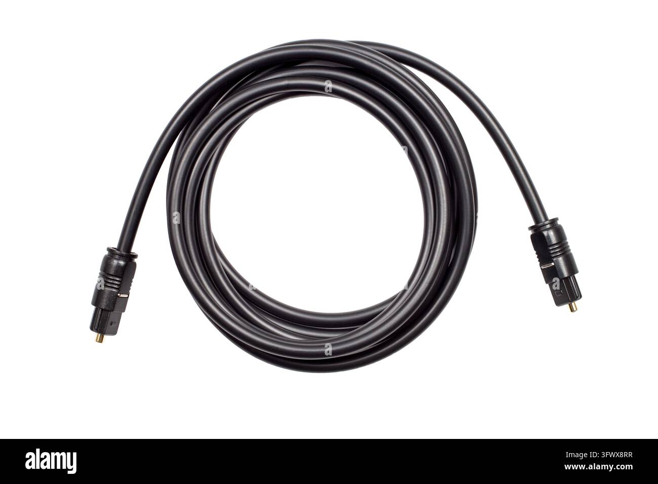 Das optische Audiokabel ist auf einem weißen Hintergrund isoliert. Toslink-Kabel. Stockfoto