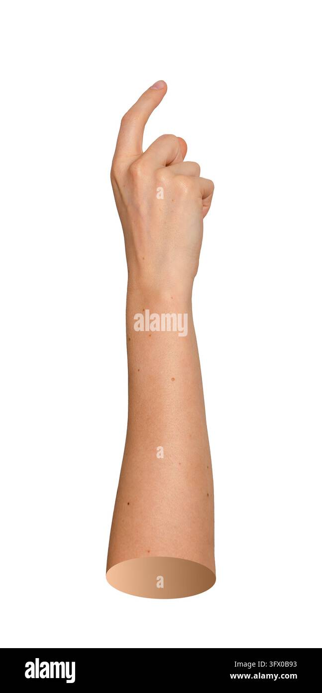 Kaukasischer Arm, der vertikal ausgestreckt ist, während der Zeigefinger einen unsichtbaren Weblink klickt. Menschliche Armgeste, die eine direkte Online-Wahl, einen Button-Klick oder illustriert Stockfoto