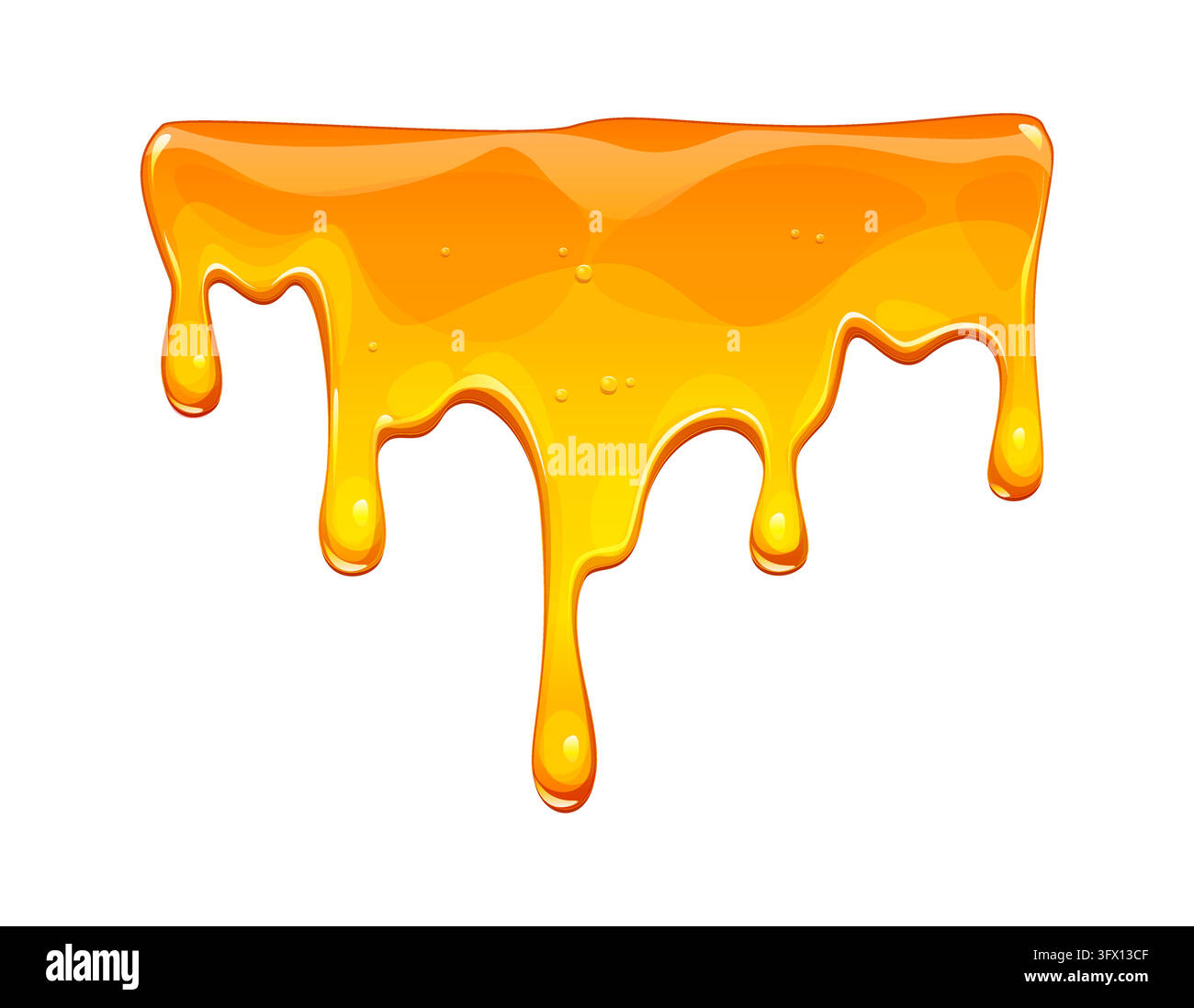 Cartoon-Goldhonig-Tropfen mit glänzender bernsteinfarbener Schicht und mehreren dicken Strängen, die nach unten laufen. Süßer Karamellfluss mit goldenen Tropfen für Lebensmittel-Pac Stock Vektor