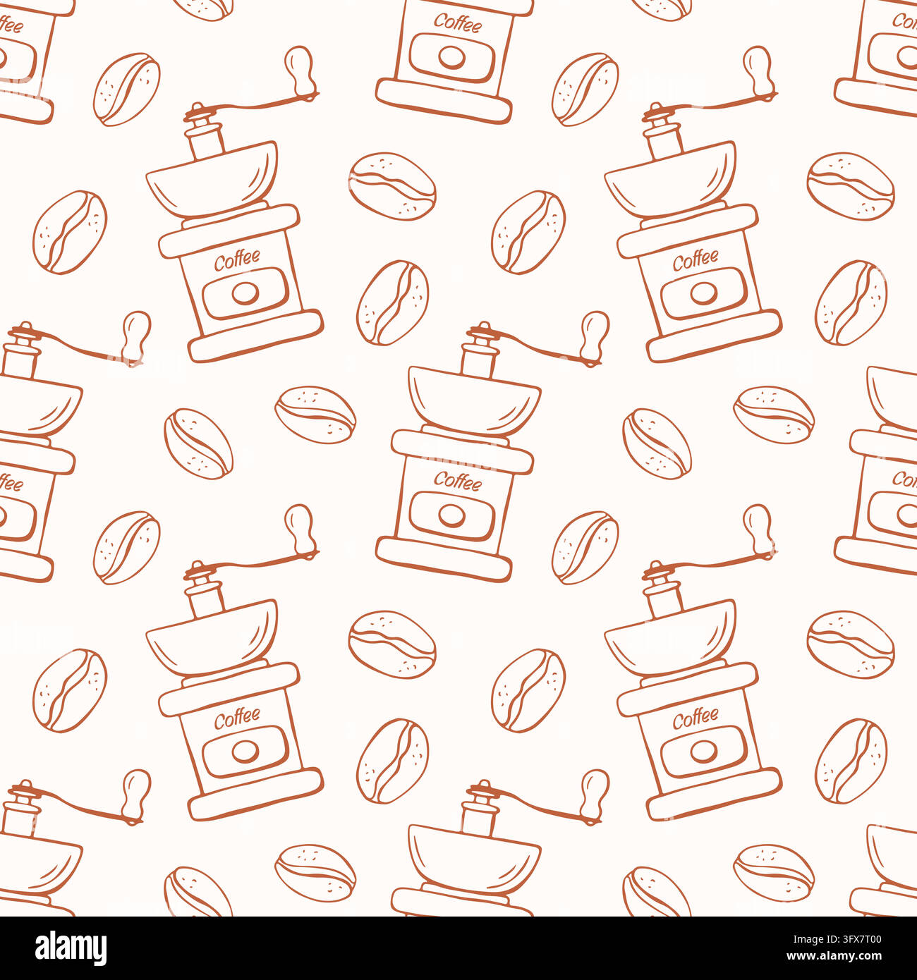 Kaffeemühle und Kaffeebohnen nahtloses Muster im Linienkunststil. Handkurbel-Kaffeemühle und geröstete Bohnenmotive. Kaffee brühen und mahlen Stock Vektor