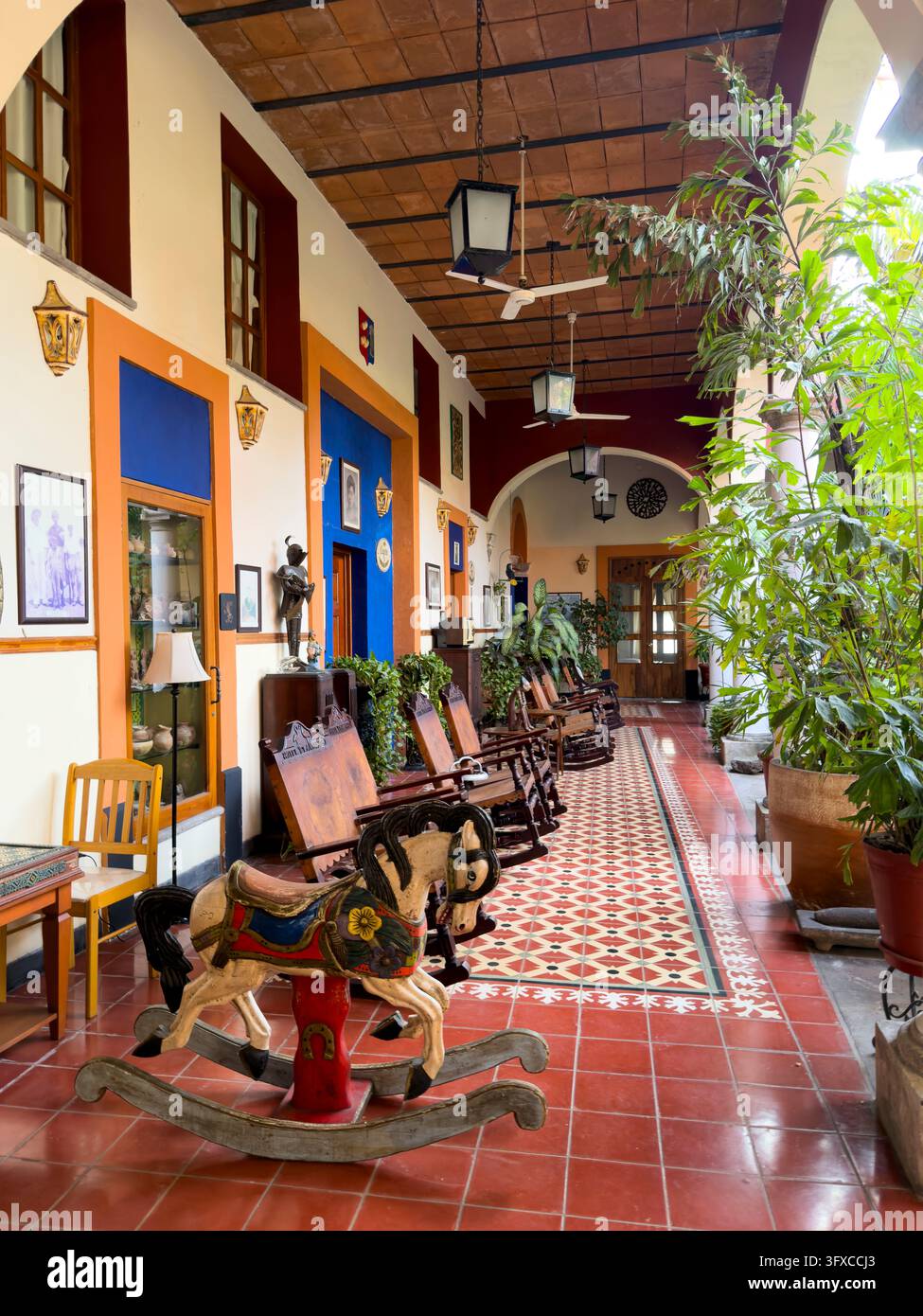Die Terrasse des Hotel Hacienda Flamingos in San Blas, Nayarit, Mexiko. Stockfoto