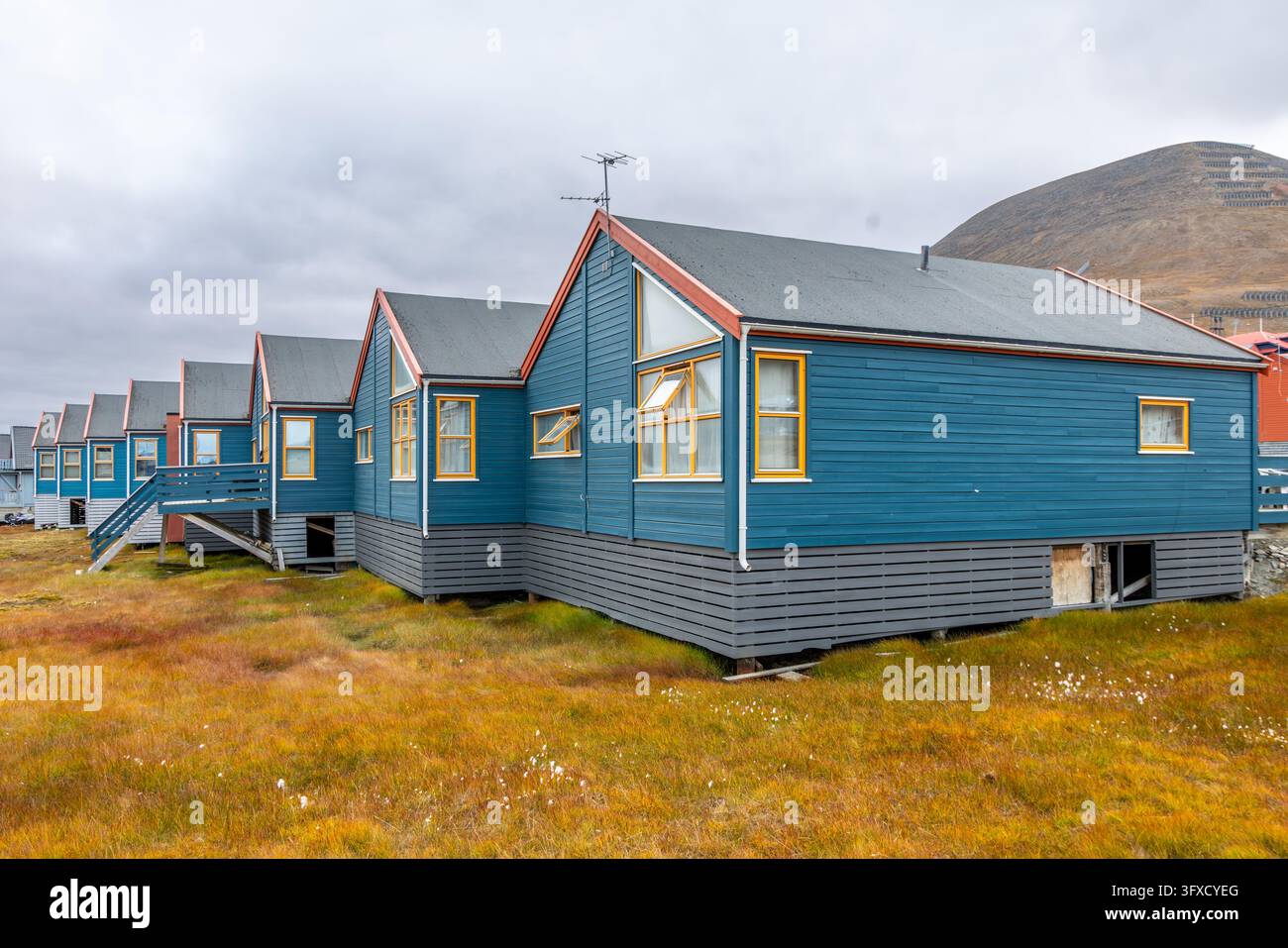 Blaue hölzerne Reihenhäuser mit orangefarbenen Fensterrahmen, umgeben von goldener Sommertundra in einem abgelegenen arktischen Reiseziel, Longyearbyen, Spitzbergen Stockfoto