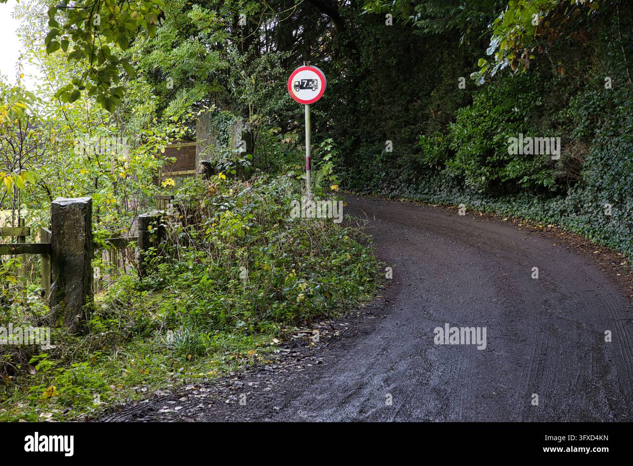 Ein Warnschild für eine Fahrzeuggewichtsbeschränkung von 7,5 t auf der kurvenreichen Prestolee Road, umgeben von Herbstbäumen in der Nähe von Bolton, UK. Stockfoto